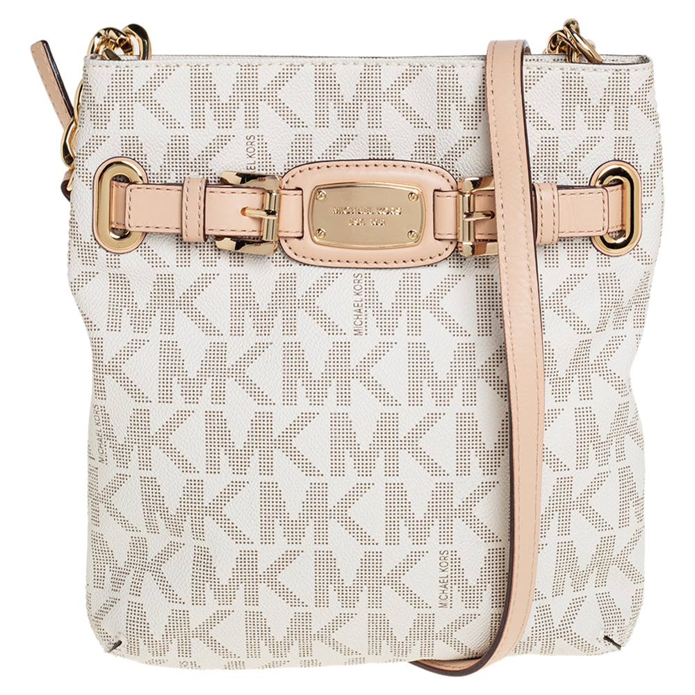 Pre-owned Michael Kors Cream/tan Coated Canvas And Leather Hamilton Crossbody Bag