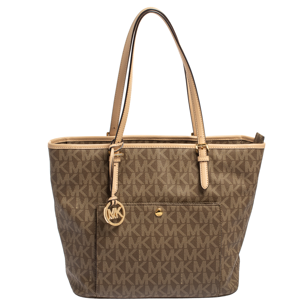 Pre-owned Michael Kors Michael Brown/beige Signature Coated Canvas And ...