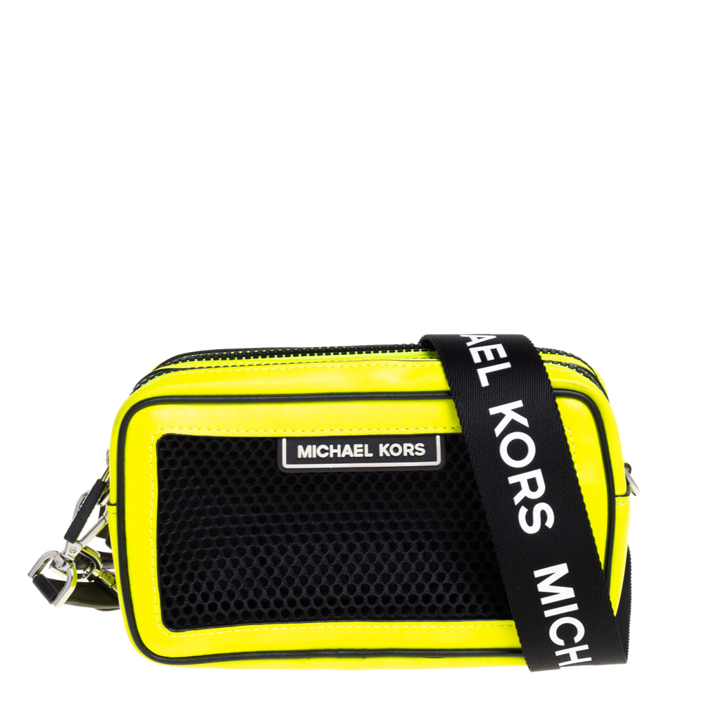 Pre-owned Michael Kors Neon Yellow/black Leather And Mesh Sport Danika Crossbody Bag