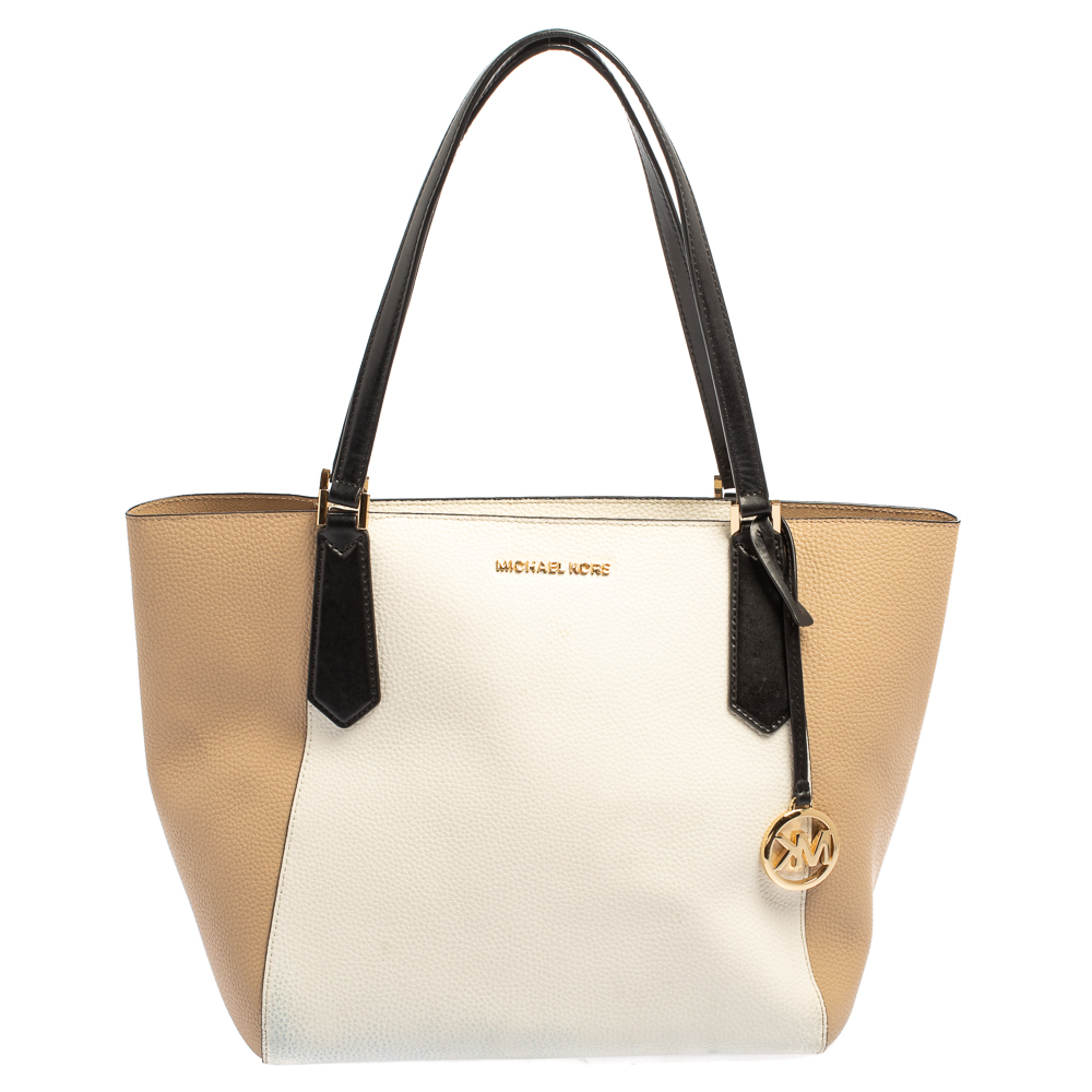 Pre-owned Michael Kors Beige/white Leather Kimberly Tote