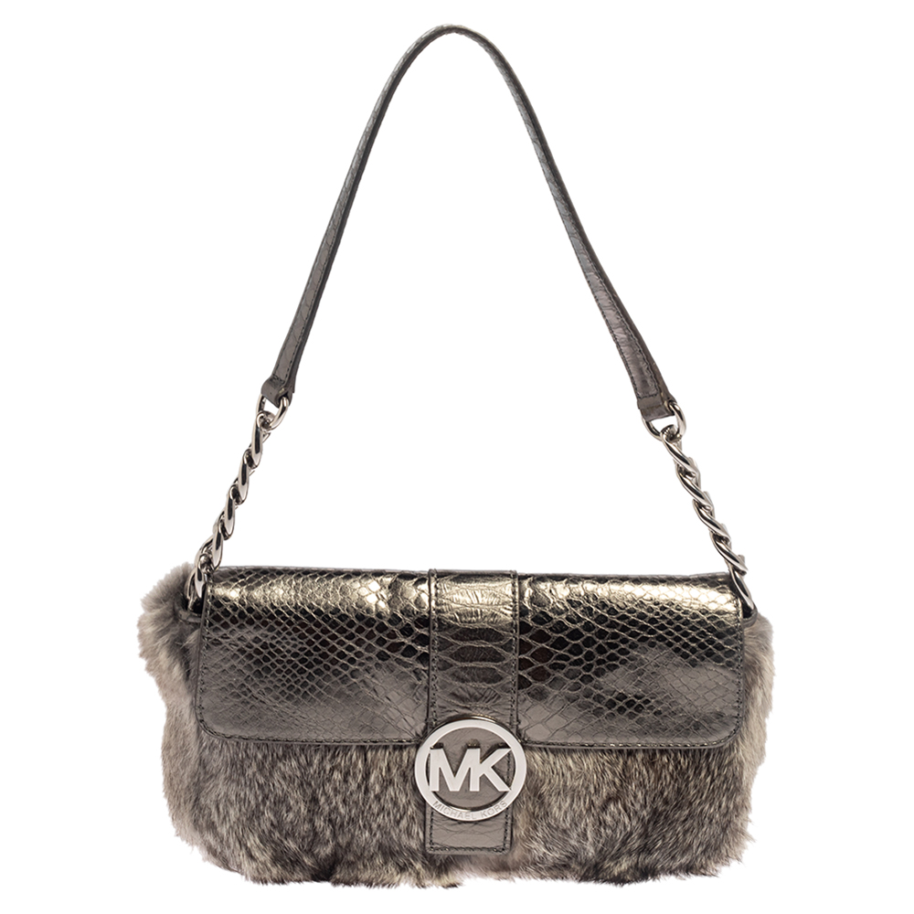 Pre-owned Michael Kors Metallic Grey Python Embossed Leather And Rabbit Fur Fulton Baguette