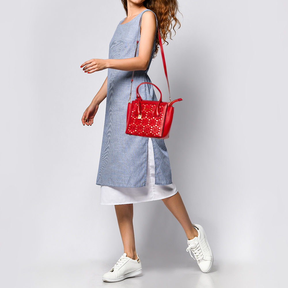 

Michael Kors Red Embroidered Leather Mercer Studio Tote