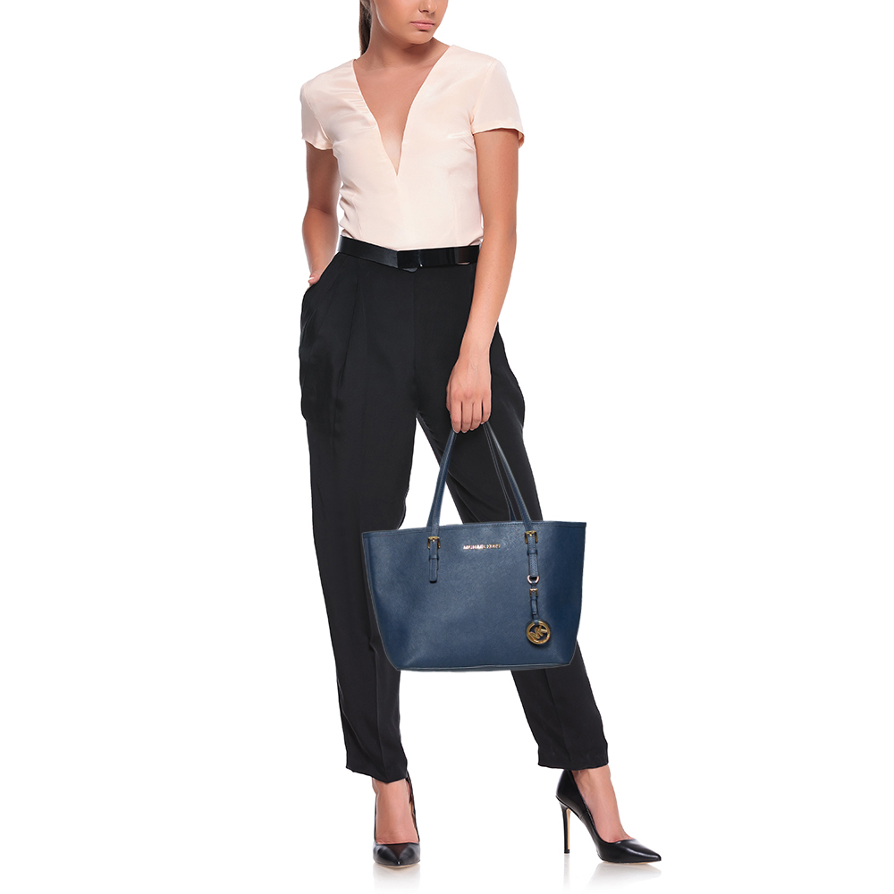 

Michael Kors Navy Blue Leather Small Jet Set Travel Tote