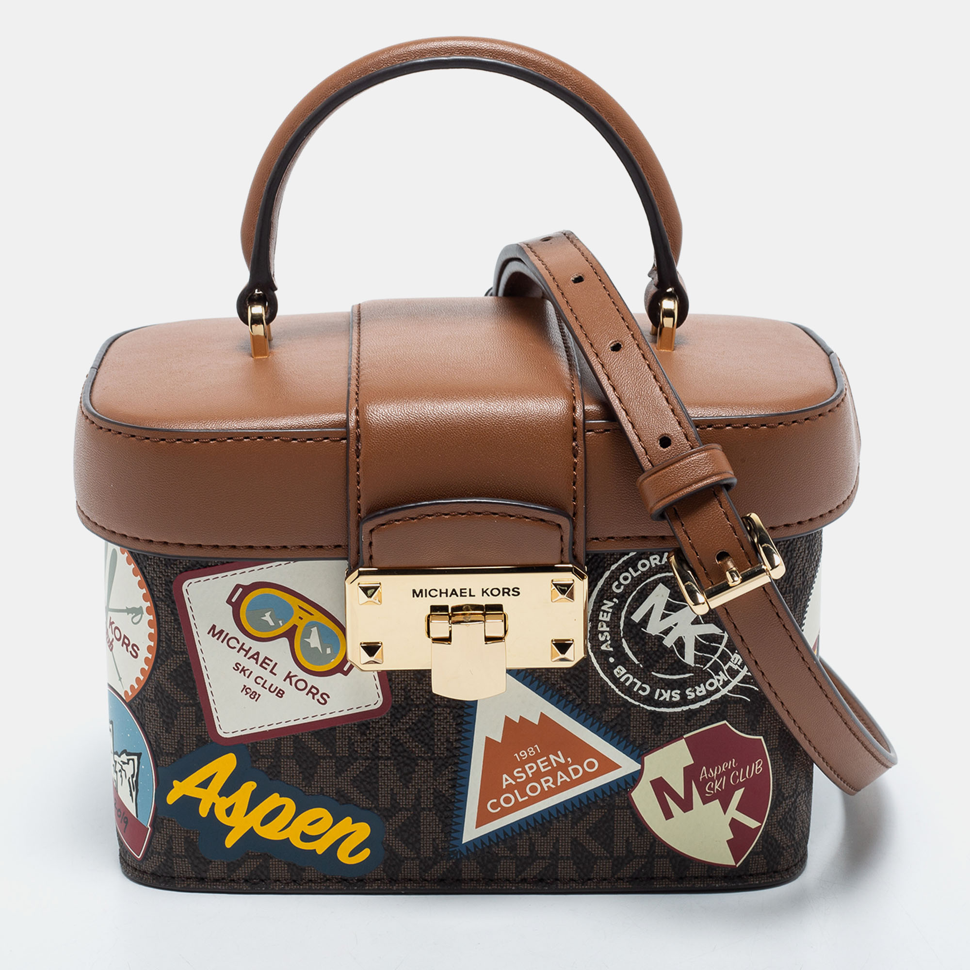 Pre Owned Michael Kors Brown Signature Coated Canvas and Leather Aspen Trunk Bag