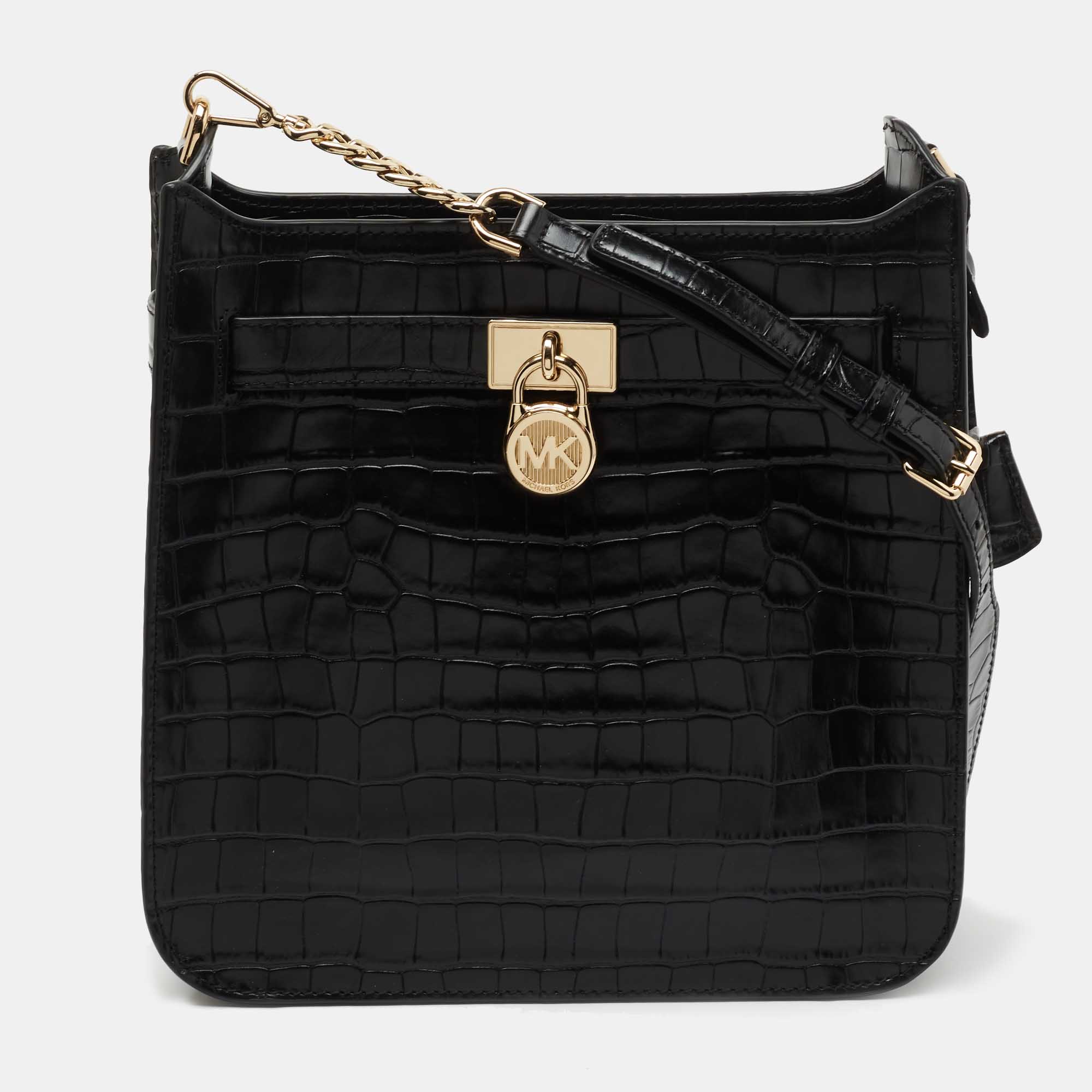 Pre-owned Michael Kors Black Croc Embossed Leather Hamilton Messenger Bag