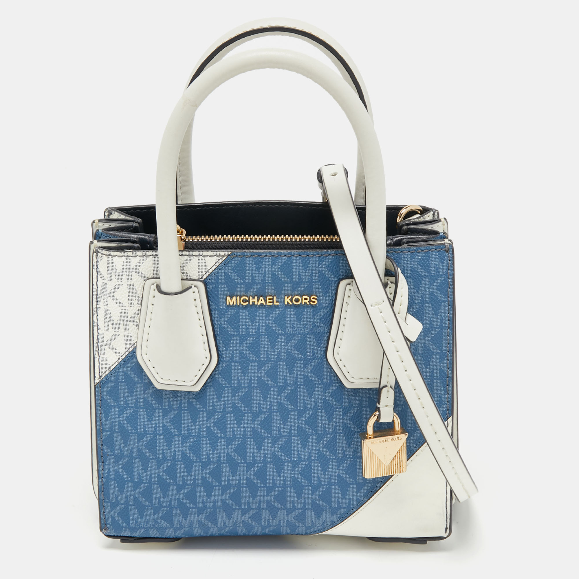 Pre Owned Michael Kors White/Blue Monogram Coated Canvas and Leather Mercer Tote