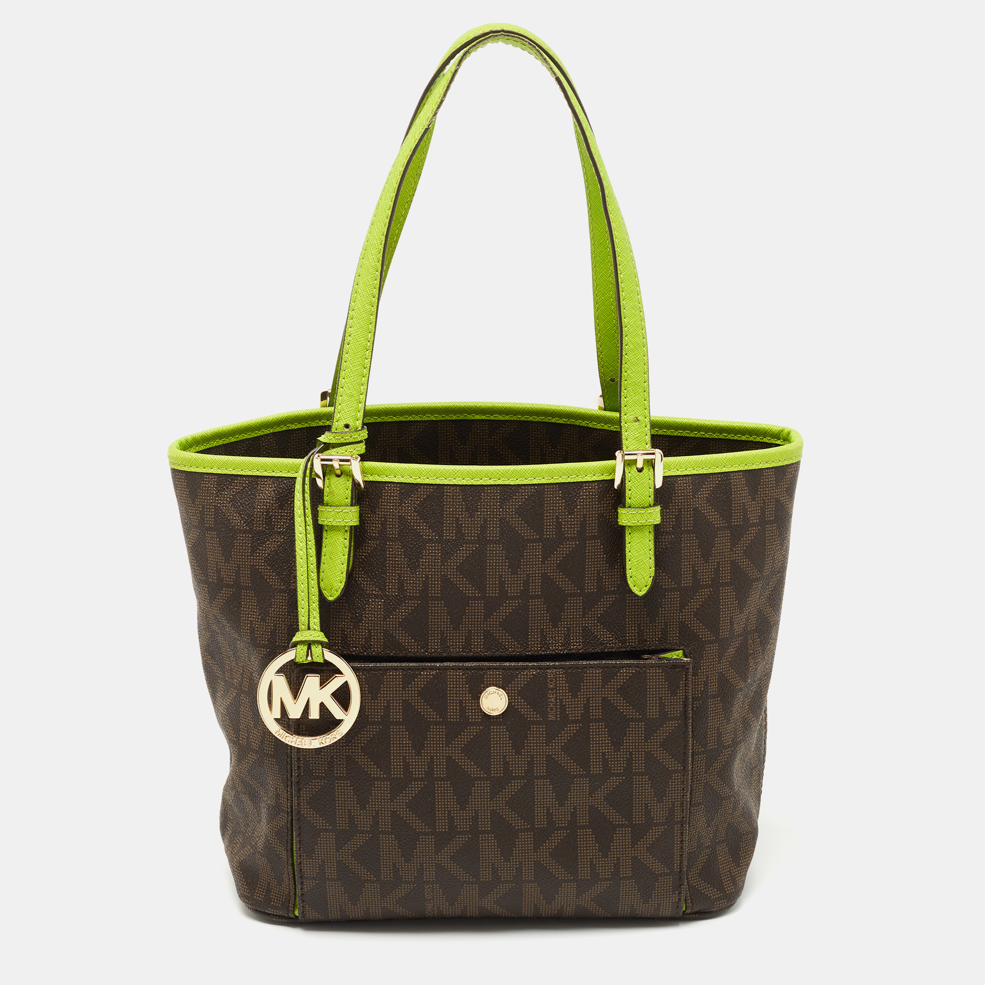 Pre-owned Michael Kors Brown/green Signature Coated Canvas And Leather Medium Snap Pocket Tote