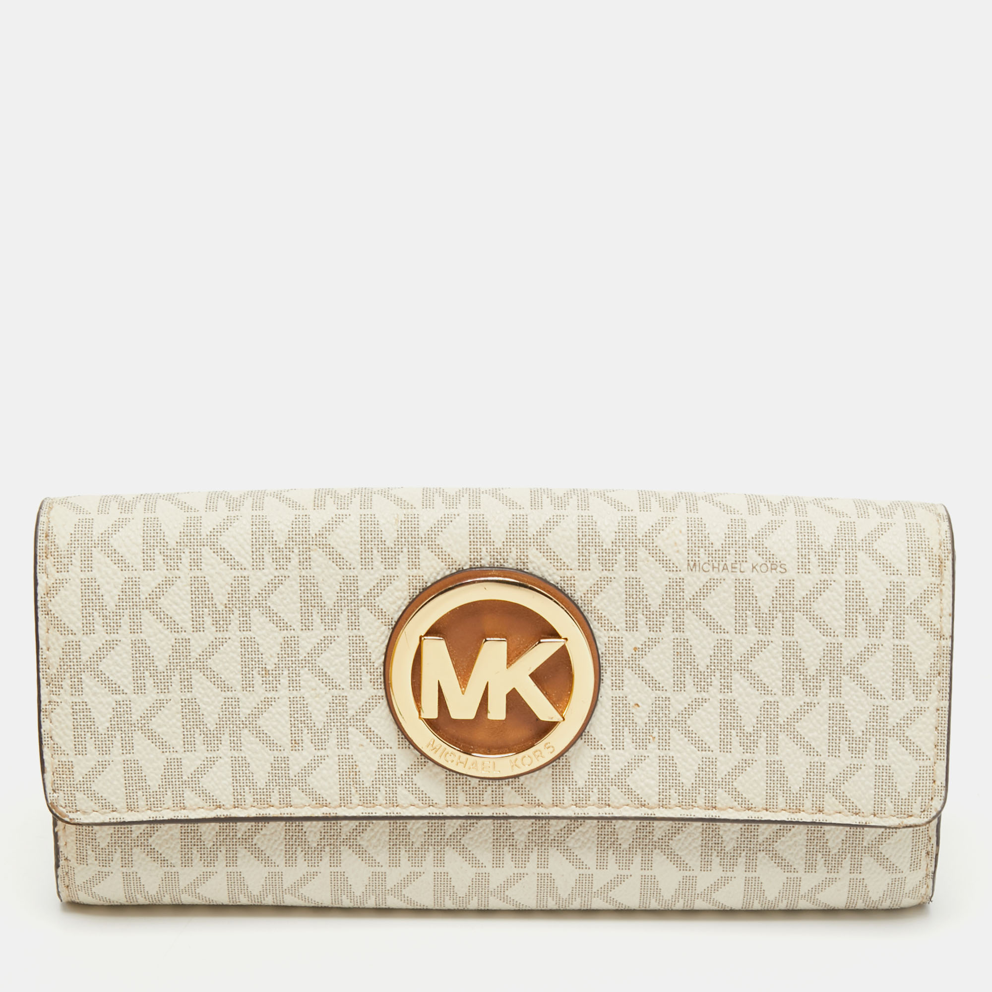 Pre-owned Michael Kors Vanilla/beige Signature Coated Canvas Fulton Flap Continental Wallet In White