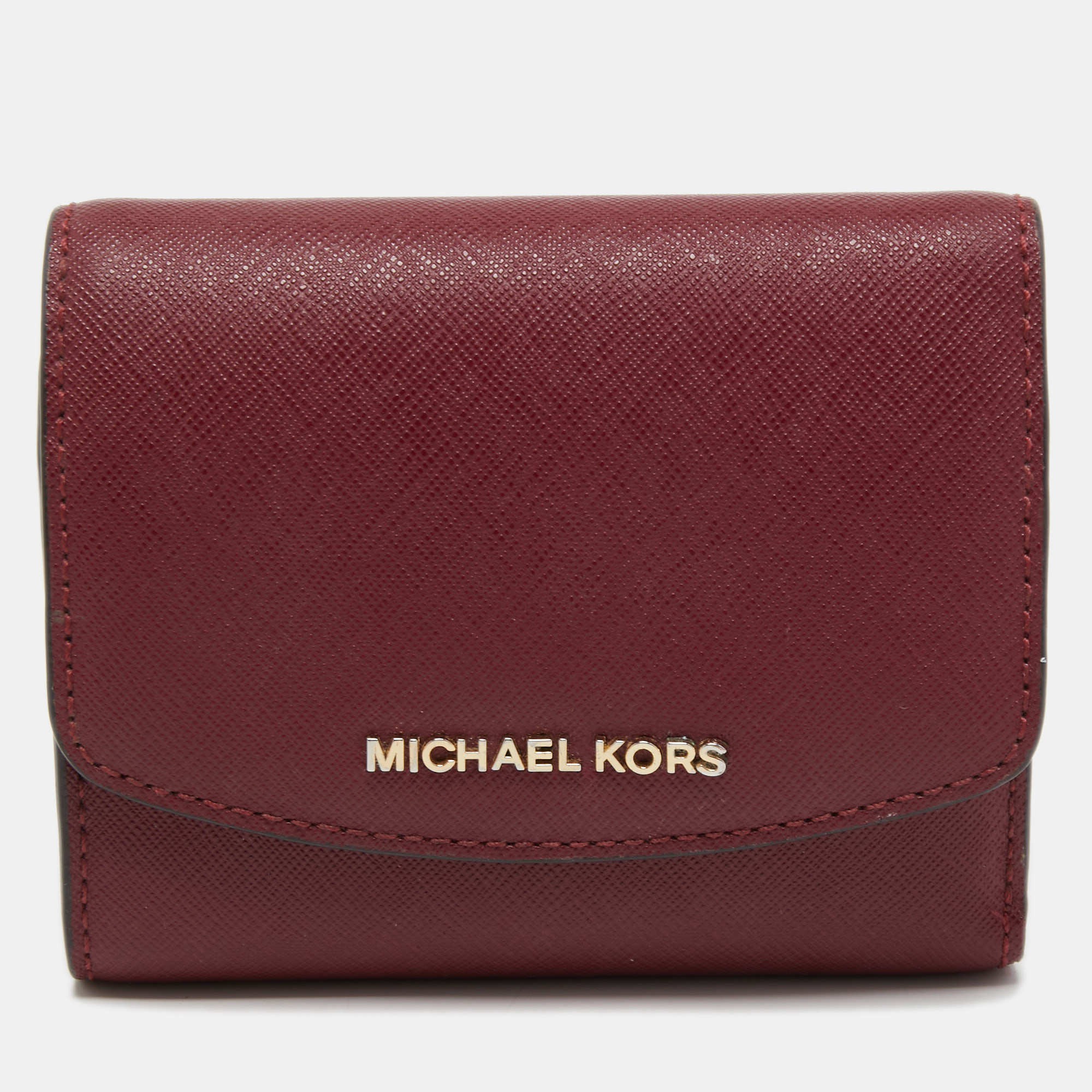 Pre-owned Michael Kors Burgundy Saffiano Leather Jet Set Trifold Wallet
