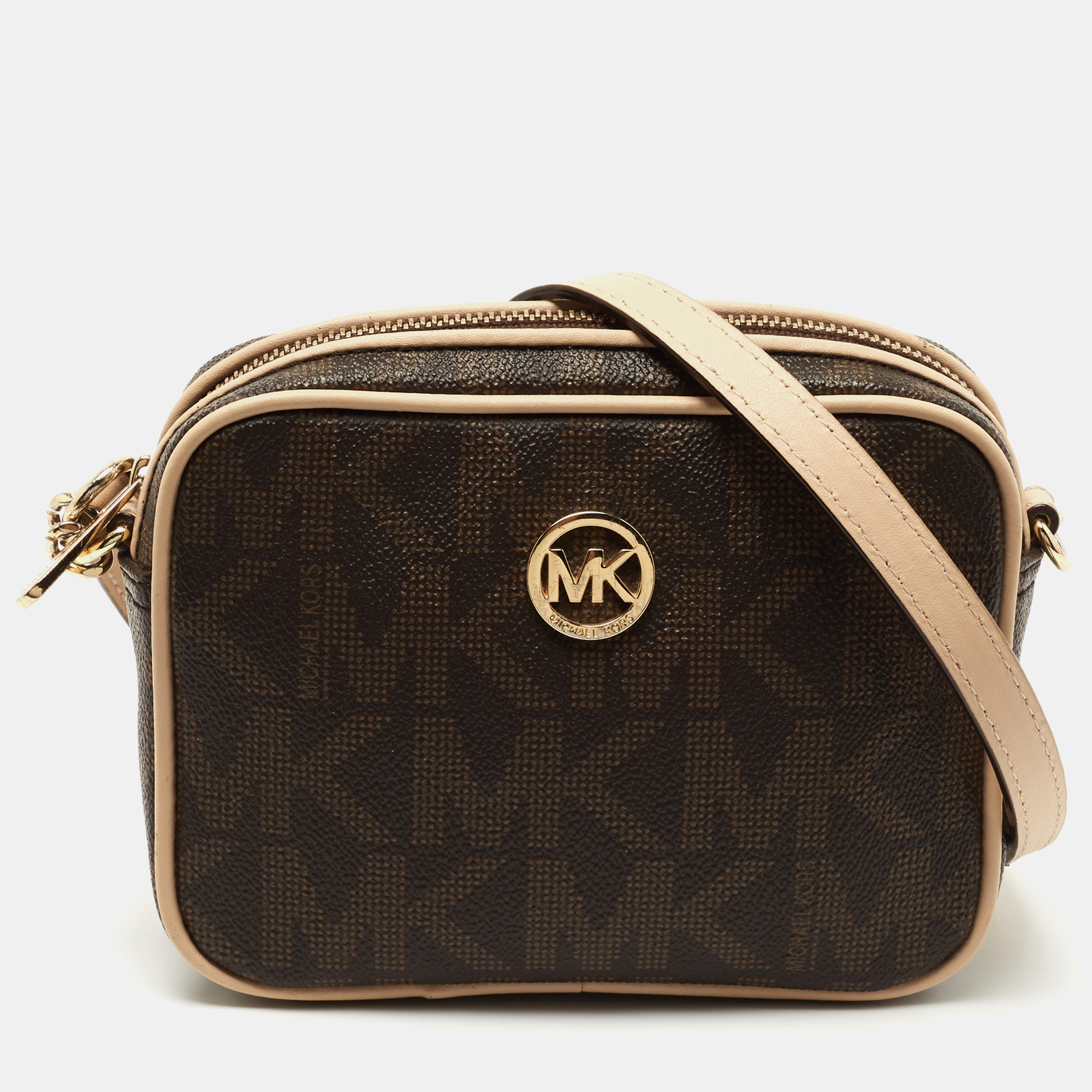 Pre-owned Michael Kors Michael  Brown/beige Signature Coated Canvas And Leather Camera Crossbody Bag