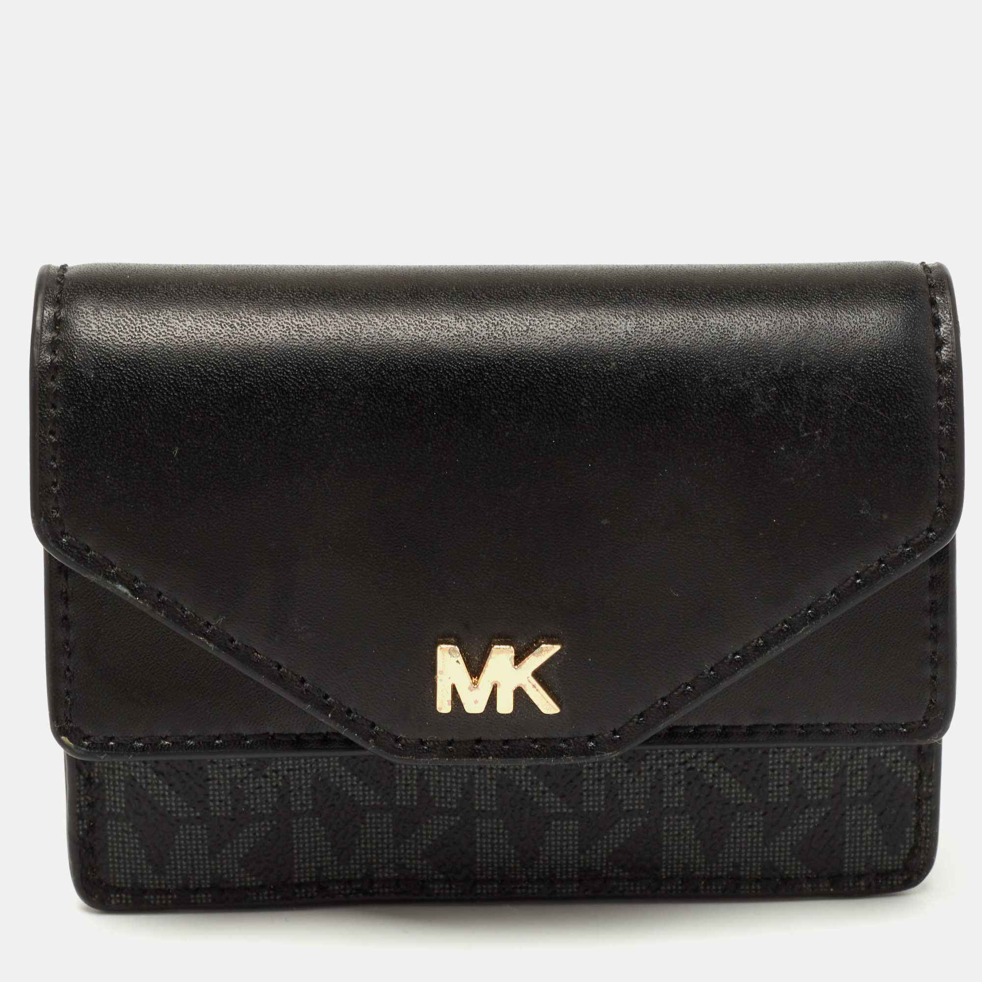 Pre-owned Michael Kors Black/grey Signature Coated Canvas And Leather Card Case