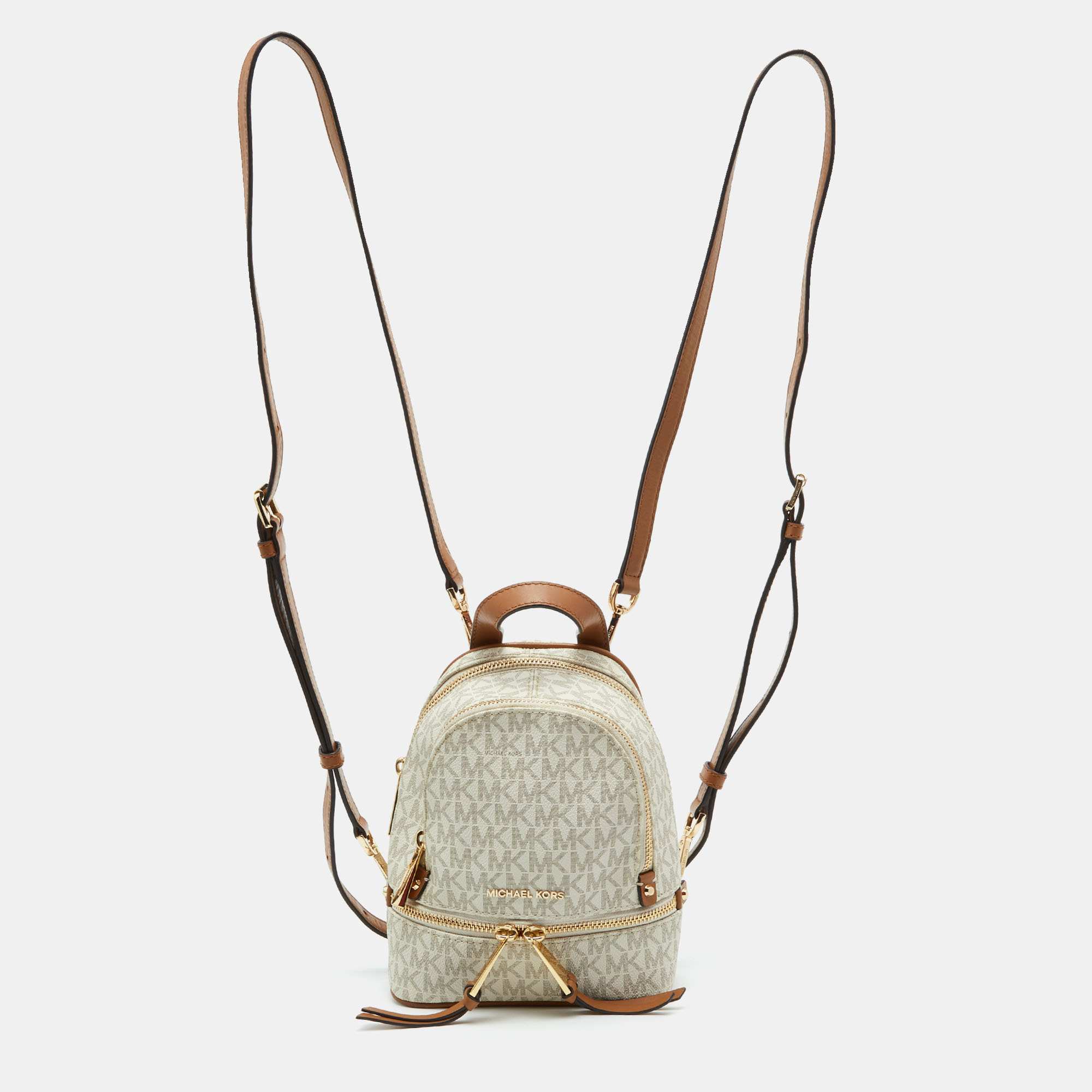 Pre-owned Michael Kors White/tan Signature Coated Canvas And Leather Mini Rhea Backpack