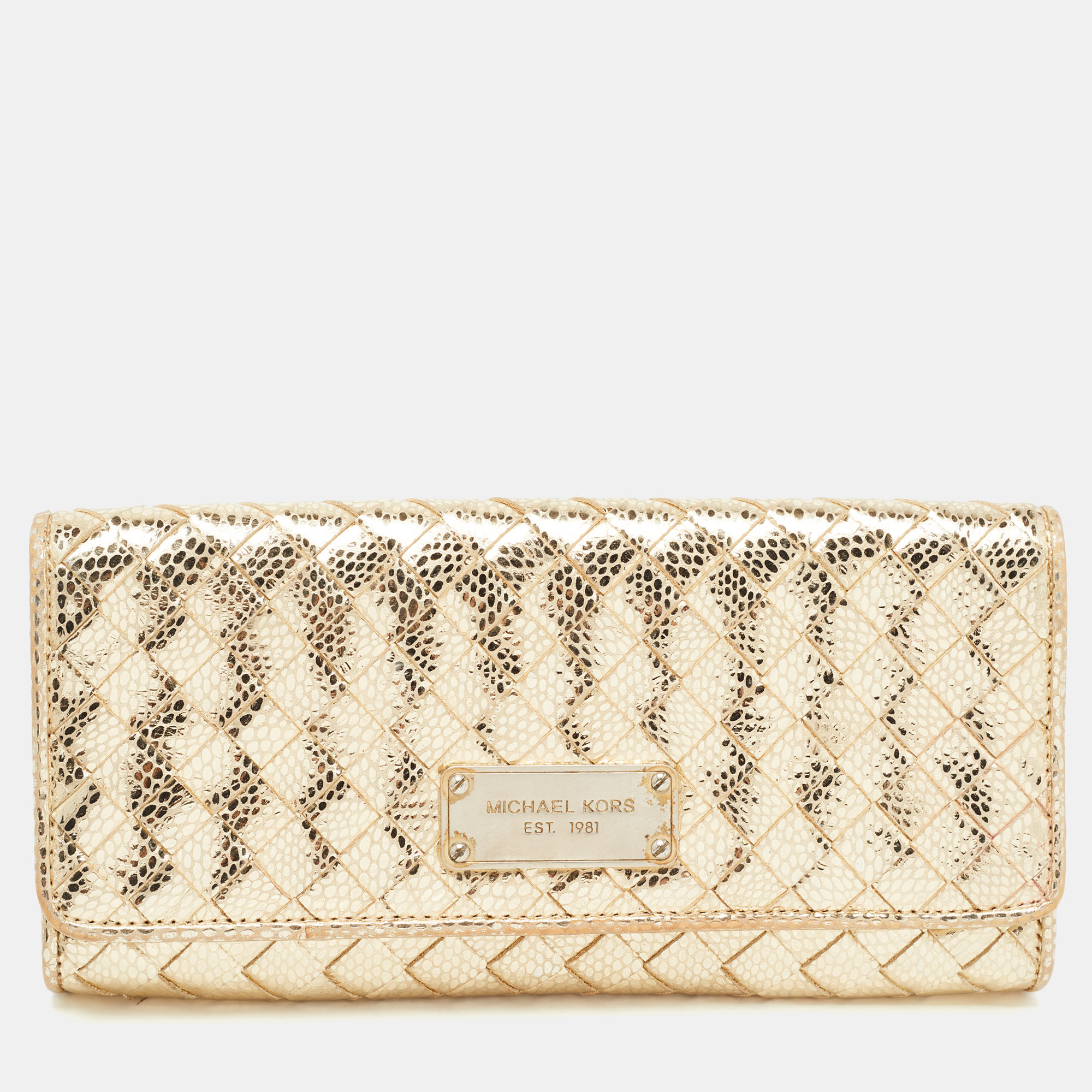 Pre-owned Michael Kors Gold Woven Laminated Leather Logo Flap Clutch