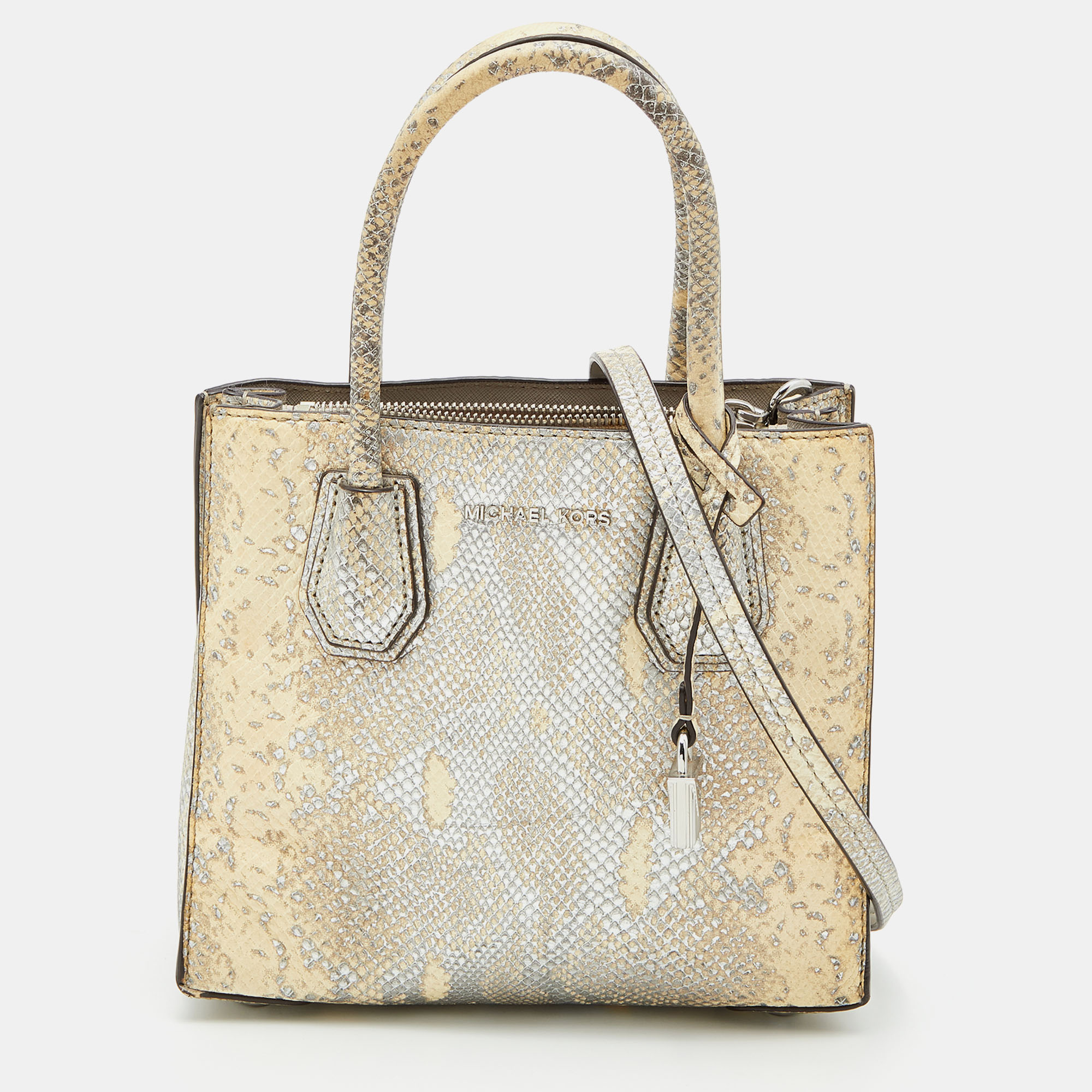 Pre-owned Michael Kors Beige/gold Python Embossed Leather Small Mercer Tote