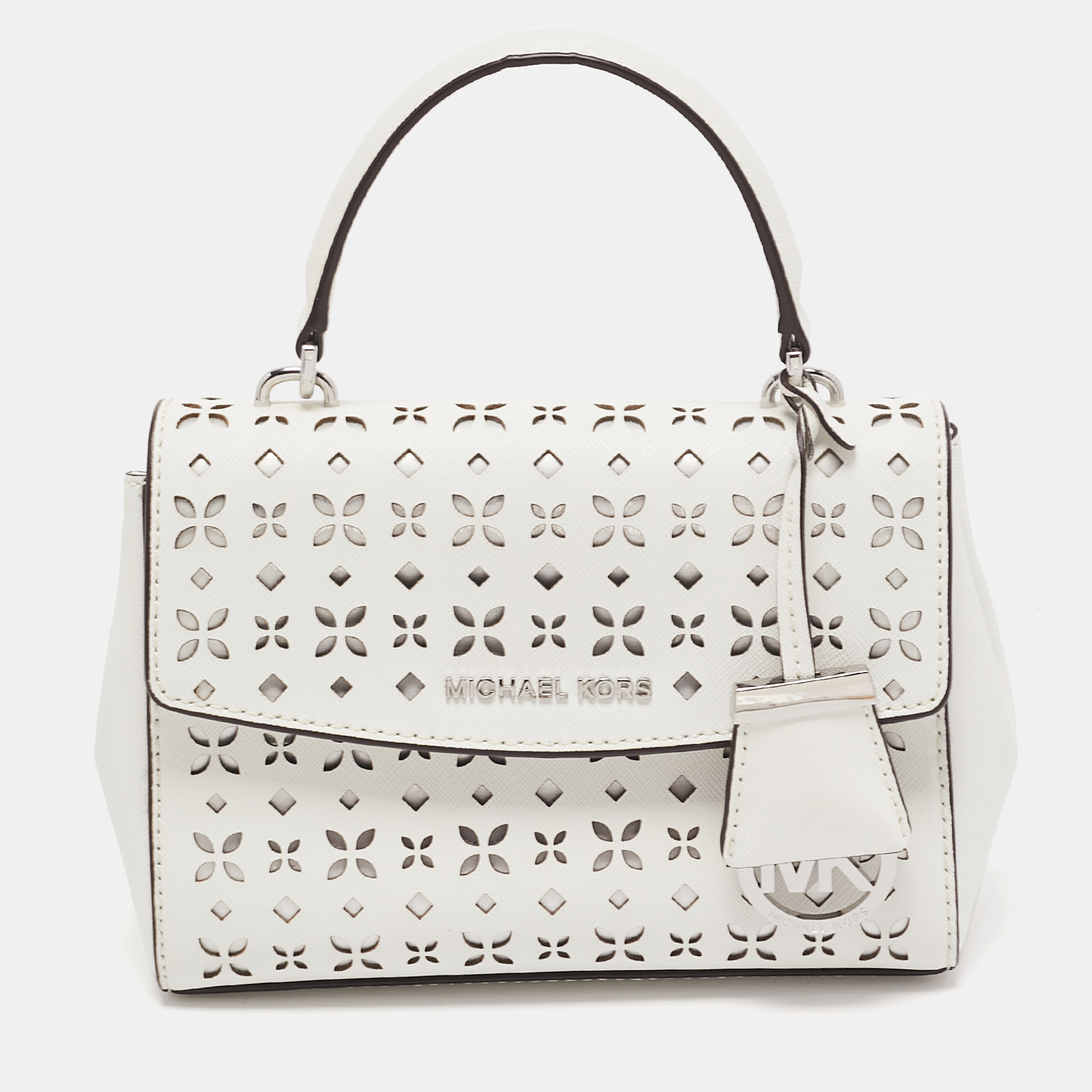 Pre-owned Michael Kors White Leather Xs Laser Cut Ava Top Handle Bag