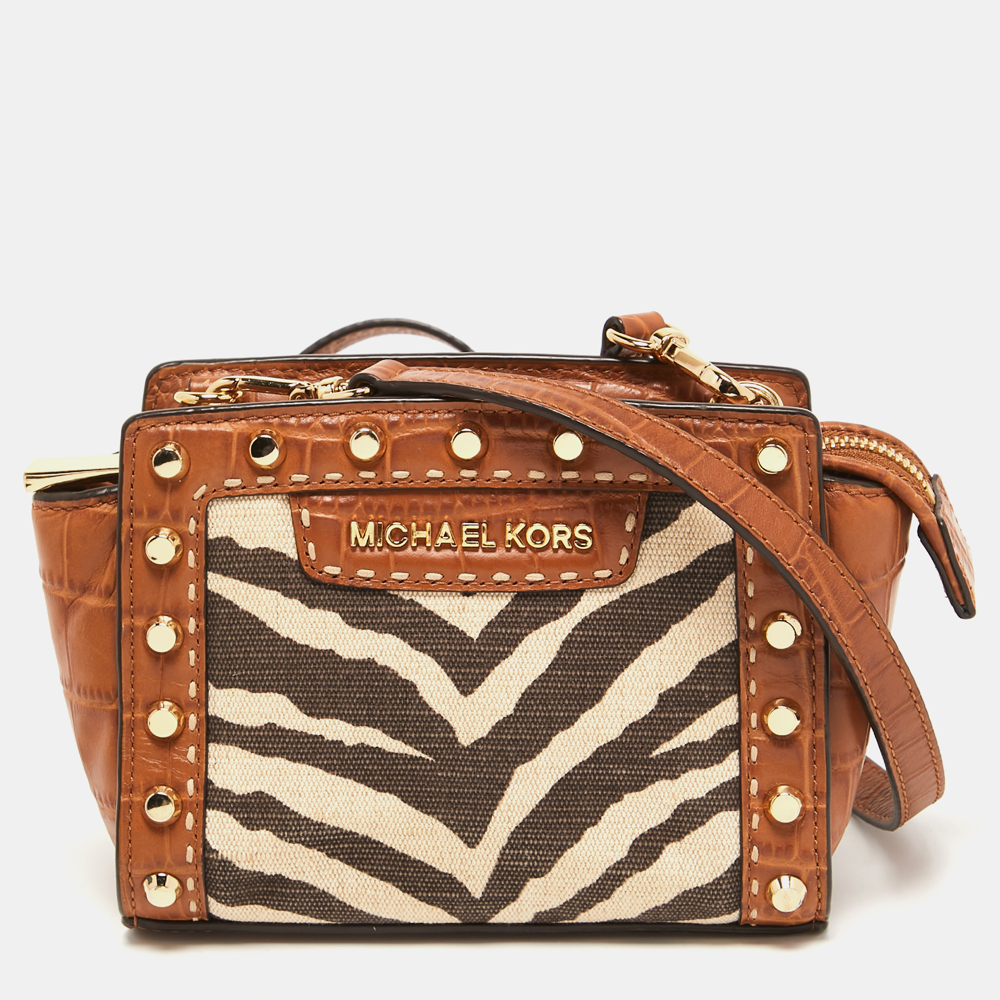 Pre-owned Michael Kors Brown Zebra Print Canvas And Croc Embossed Leather Mini Studded Selma Crossbody Bag