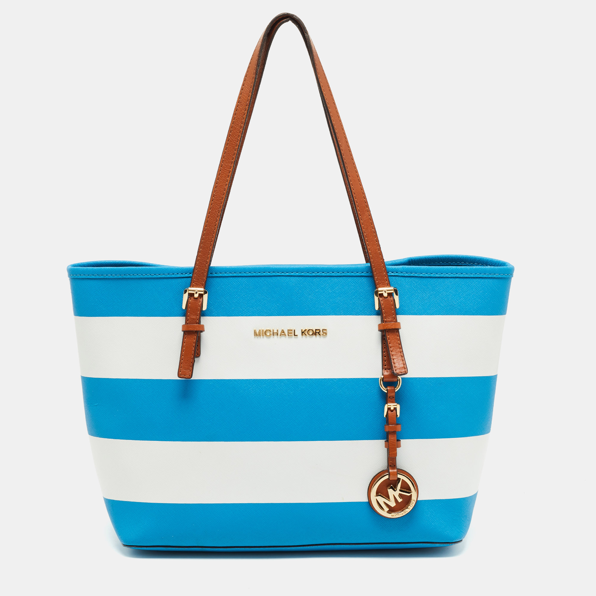 Pre-owned Michael Kors Michael  Blue/white Saffiano Leather Small Stripe Travel Tote