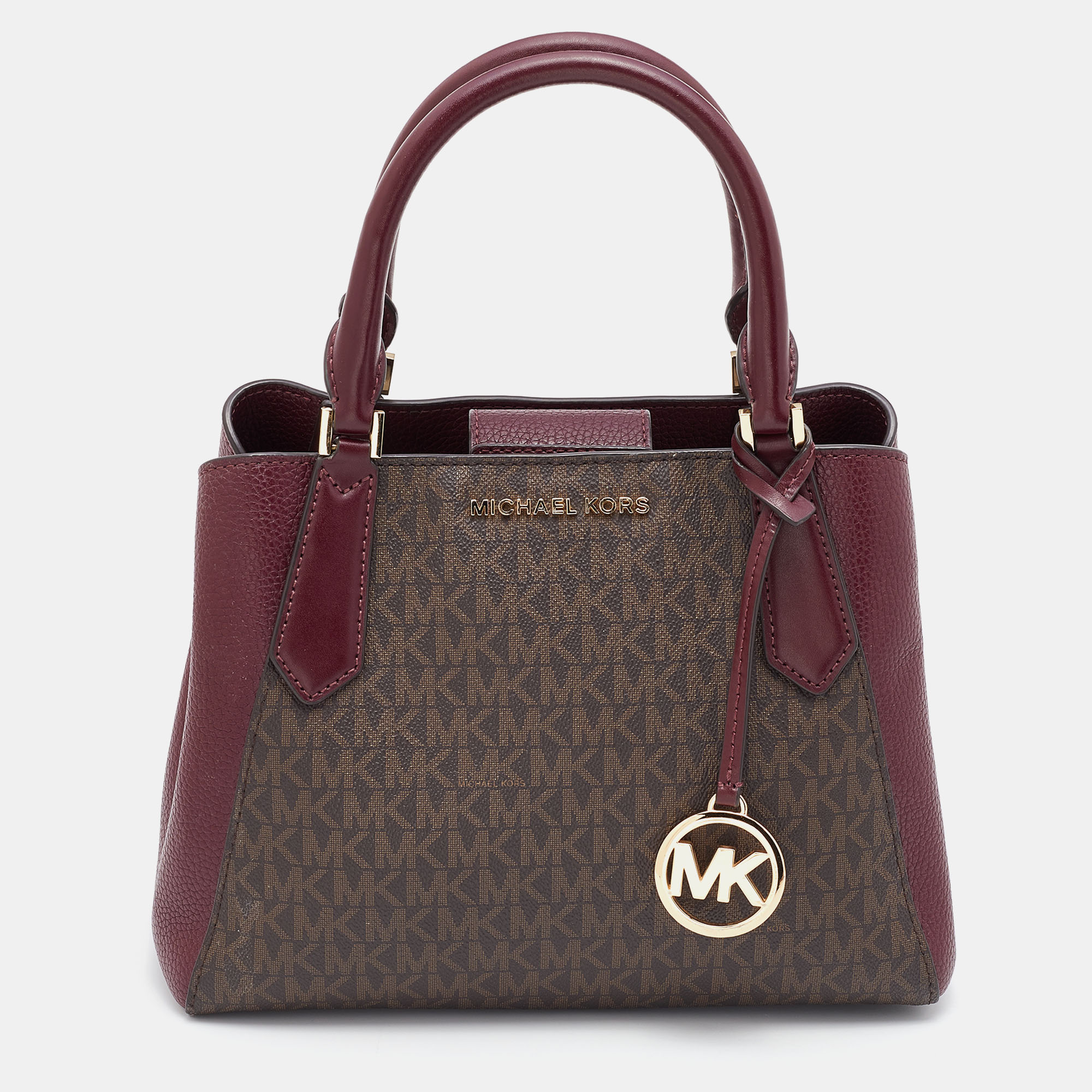 Pre-owned Michael Kors Brown/burgundy Signature Coated Canvas And Leather Tote