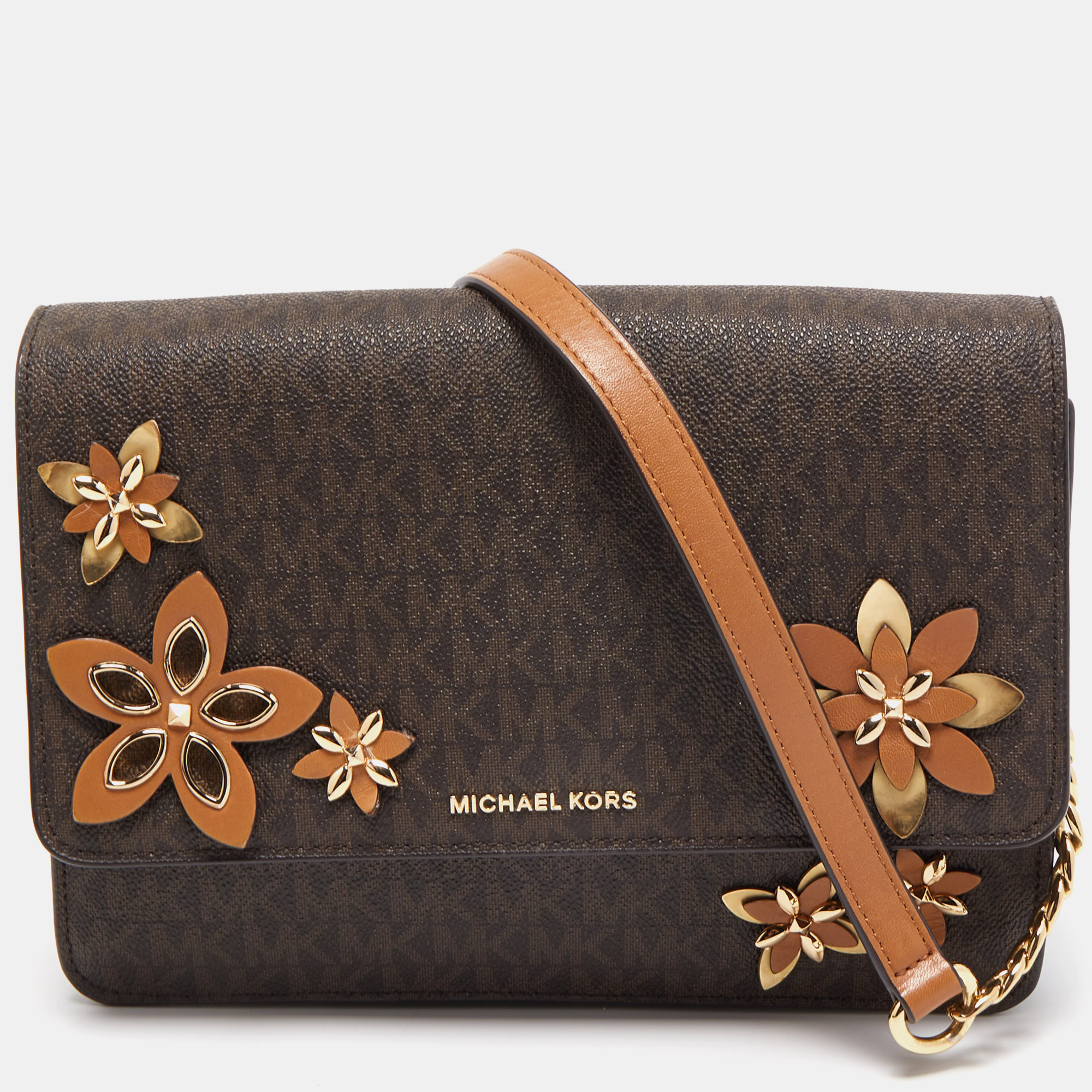 Pre-owned Michael Kors Brown Signature Coated Canvas And Leather Floral Daniela Shoulder Bag