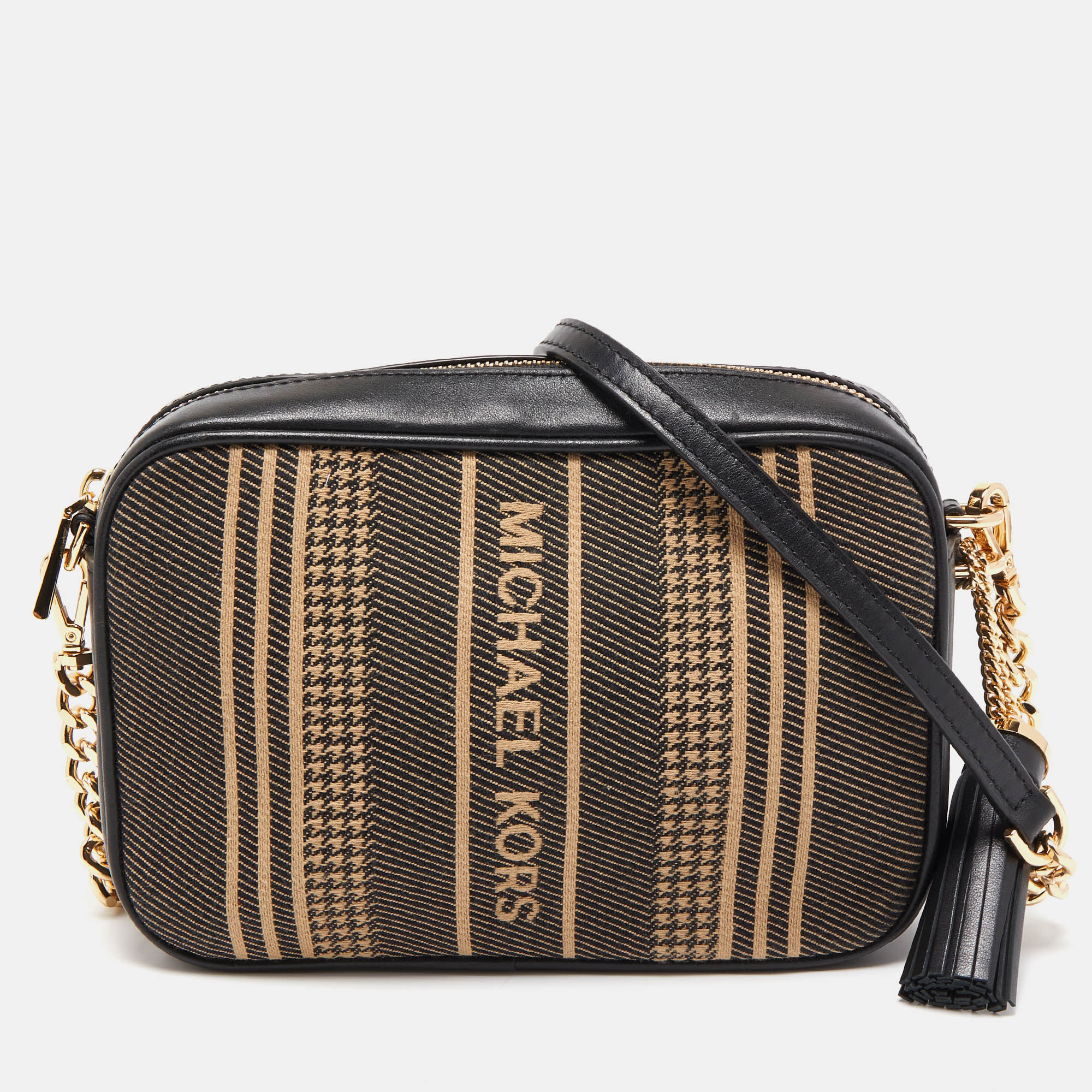 Pre-owned Michael Kors Black/beige Canvas And Leather Logo Striped Crossbody Bag