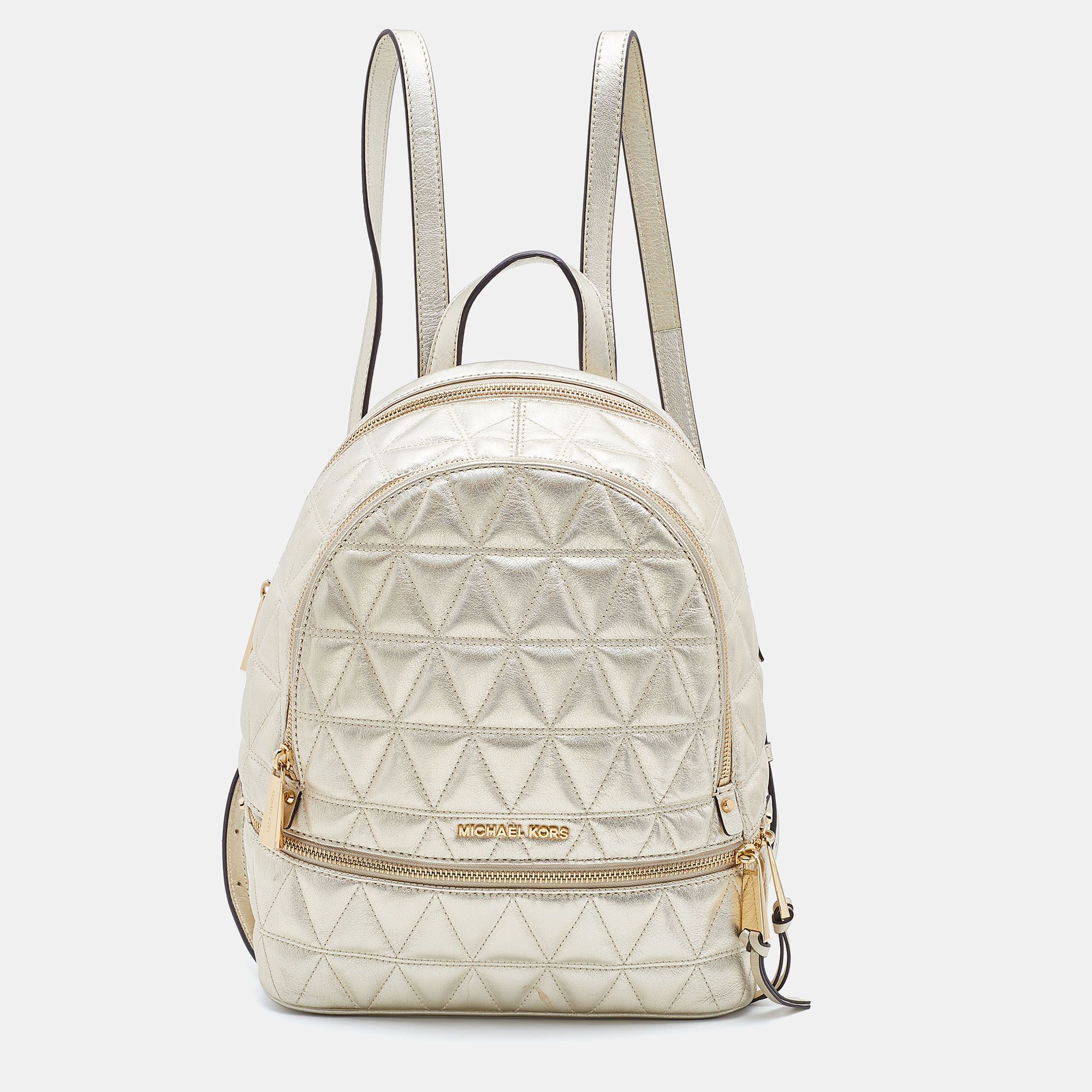 Pre-owned Michael Kors Gold Holographic Leather Medium Rhea Backpack