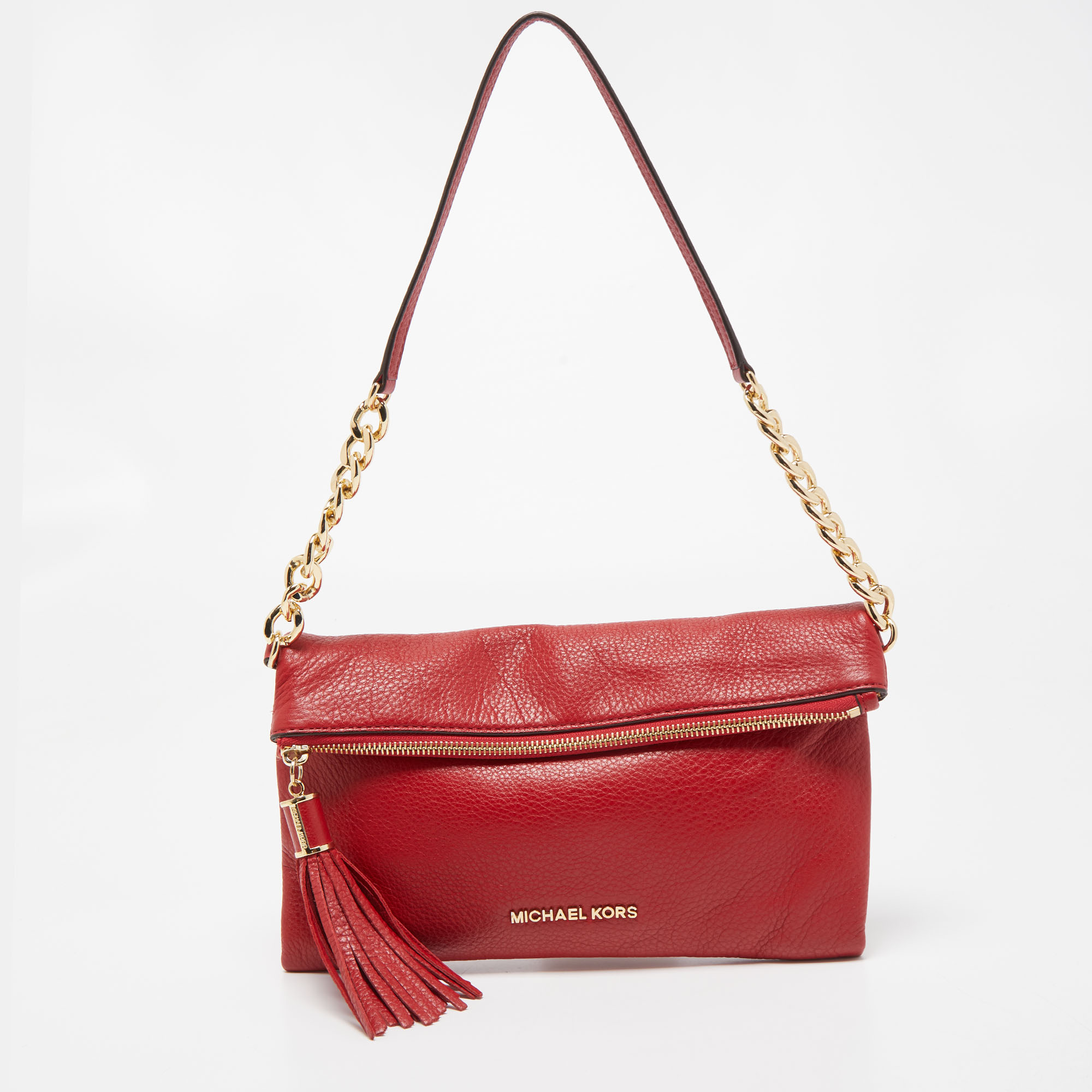 Pre-owned Michael Kors Red Leather Fold Over Tassel Clutch Bag