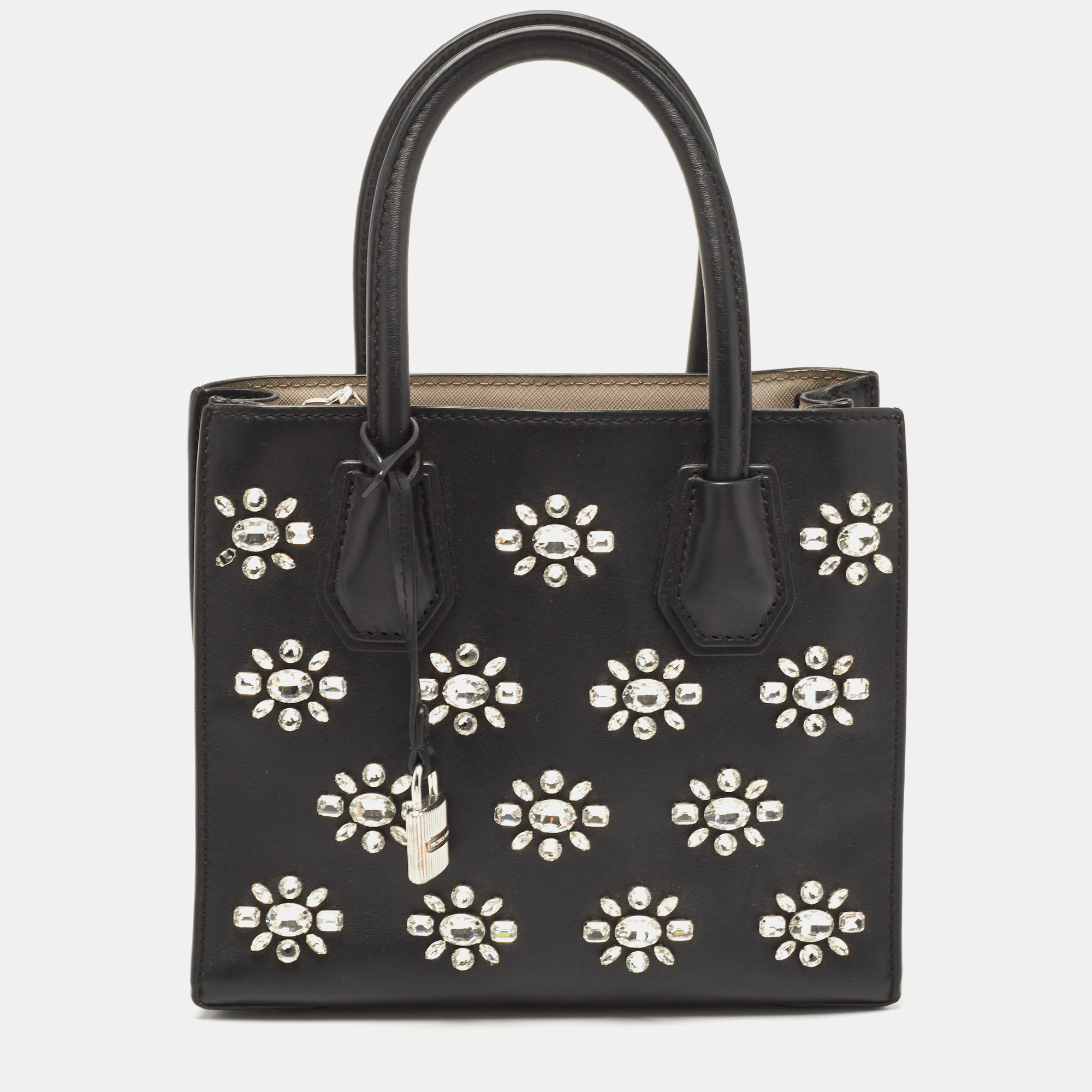Pre-owned Michael Kors Black Leather Small Crystals Embellished Mercer Tote