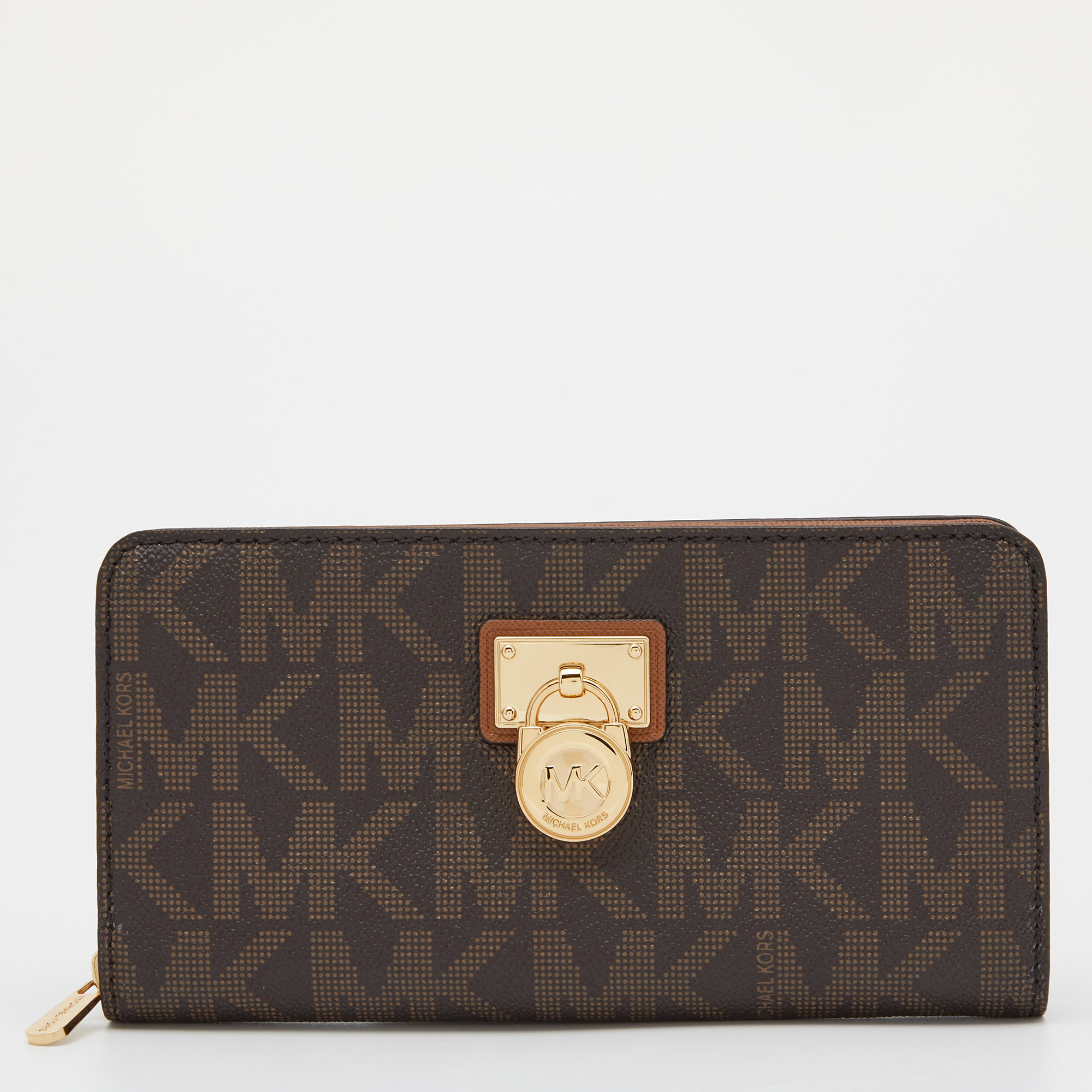 Pre-owned Michael Kors Brown Signature Coated Canvas Zip Around Wallet