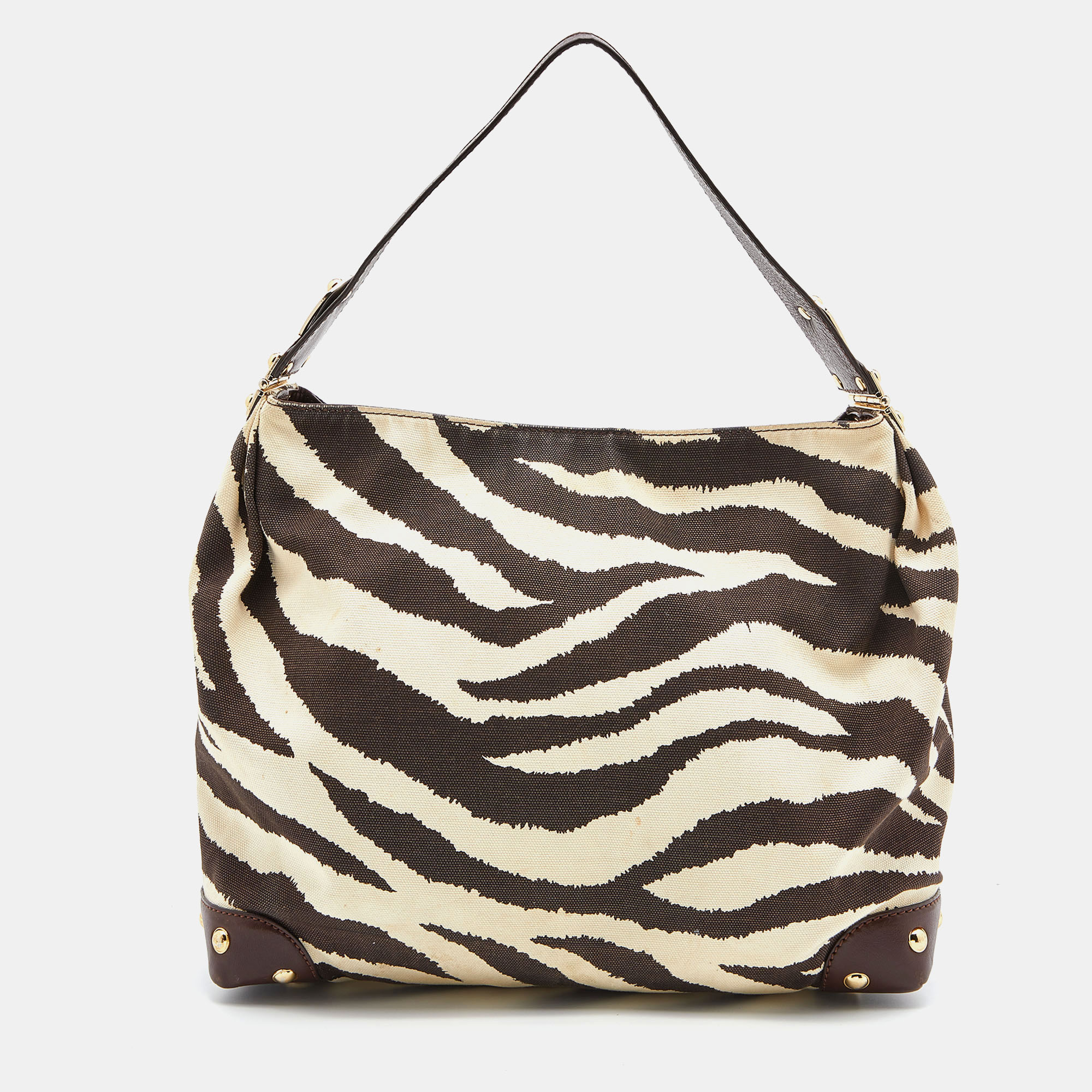Pre-owned Michael Michael Kors Brown/beige Zebra Print Canvas And Leather Hobo