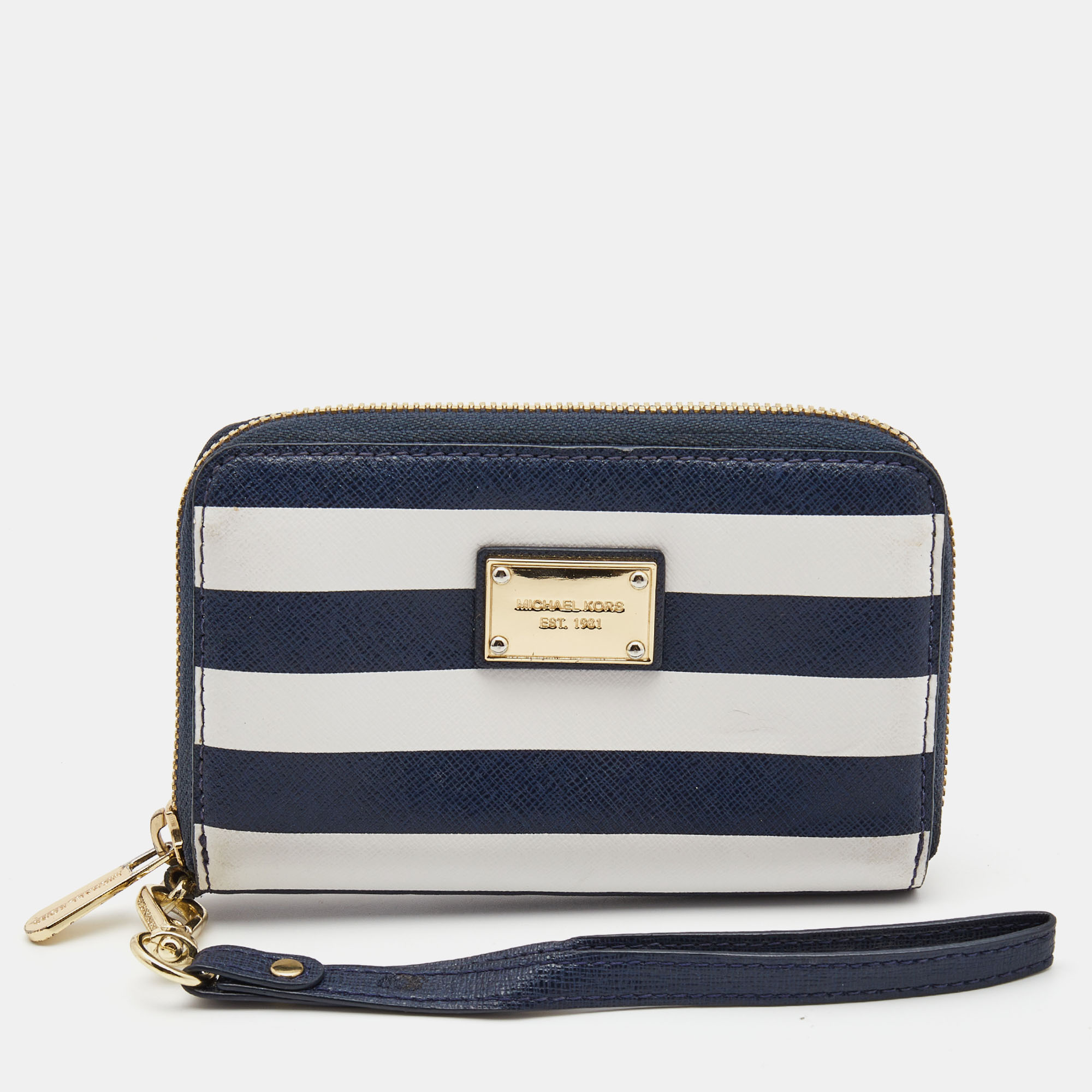 Pre-owned Michael Kors Blue/white Leather Striped Zip Around Wallet