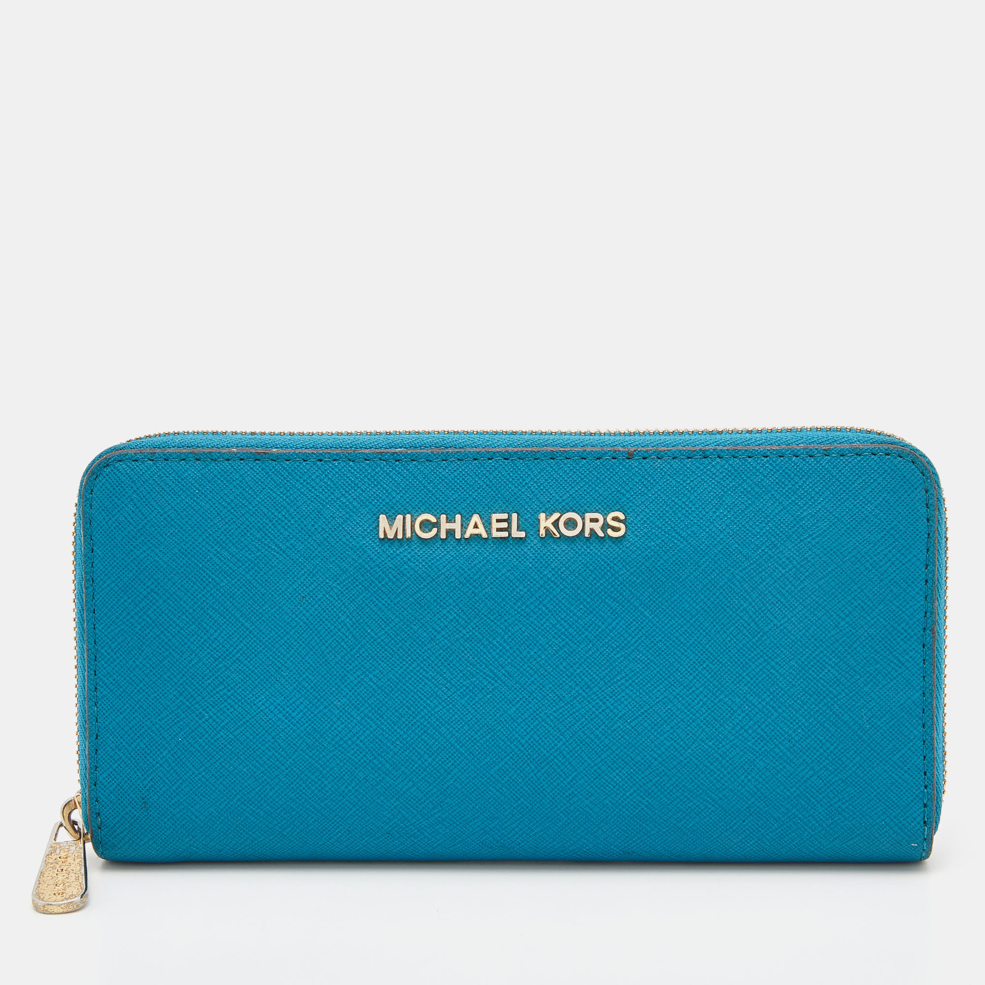 Pre-owned Michael Kors Blue Leather Jet Set Zip Around Wallet