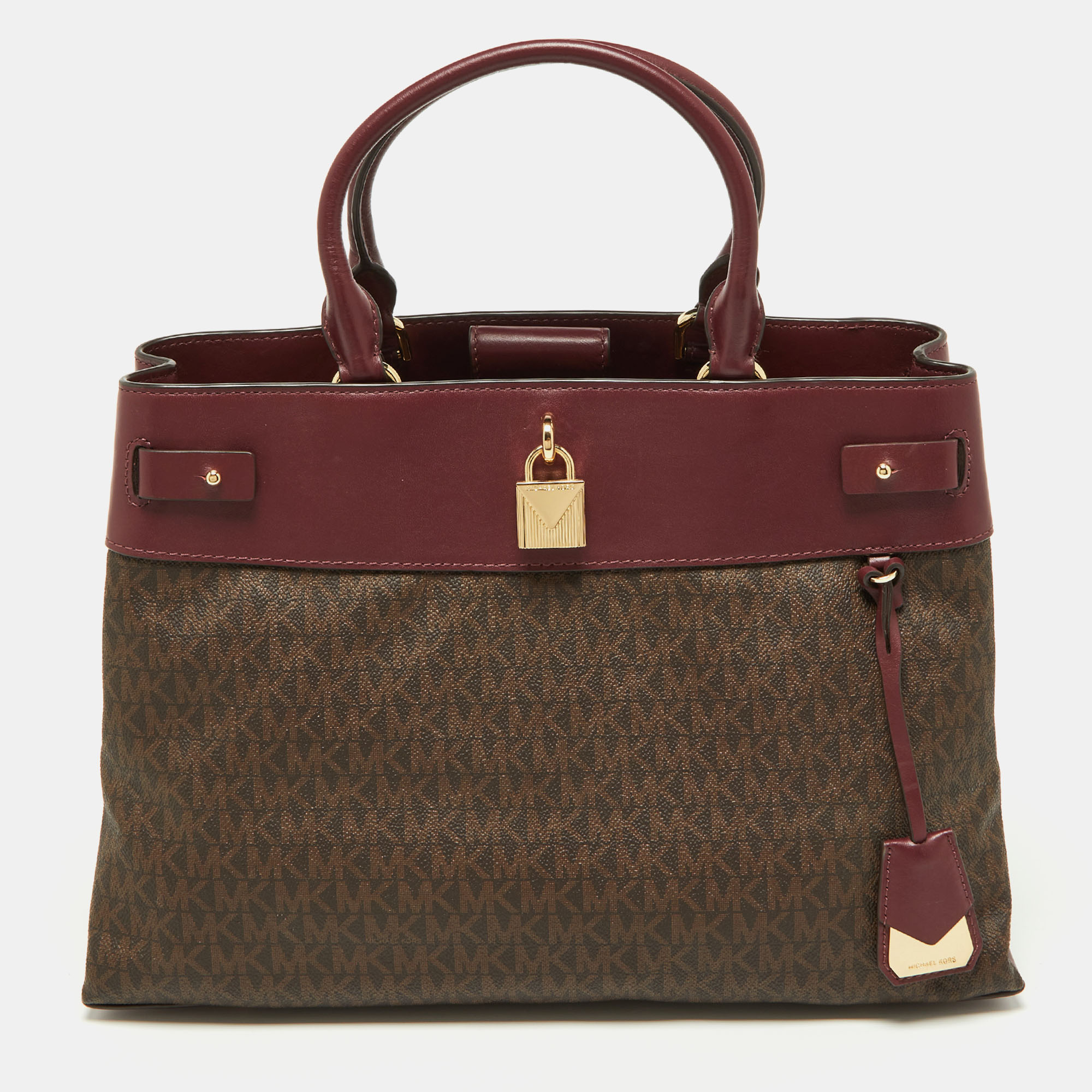 Pre-owned Michael Kors Beige/burgundy Signature Coated Canvas And Leather Gramercy Tote In Brown