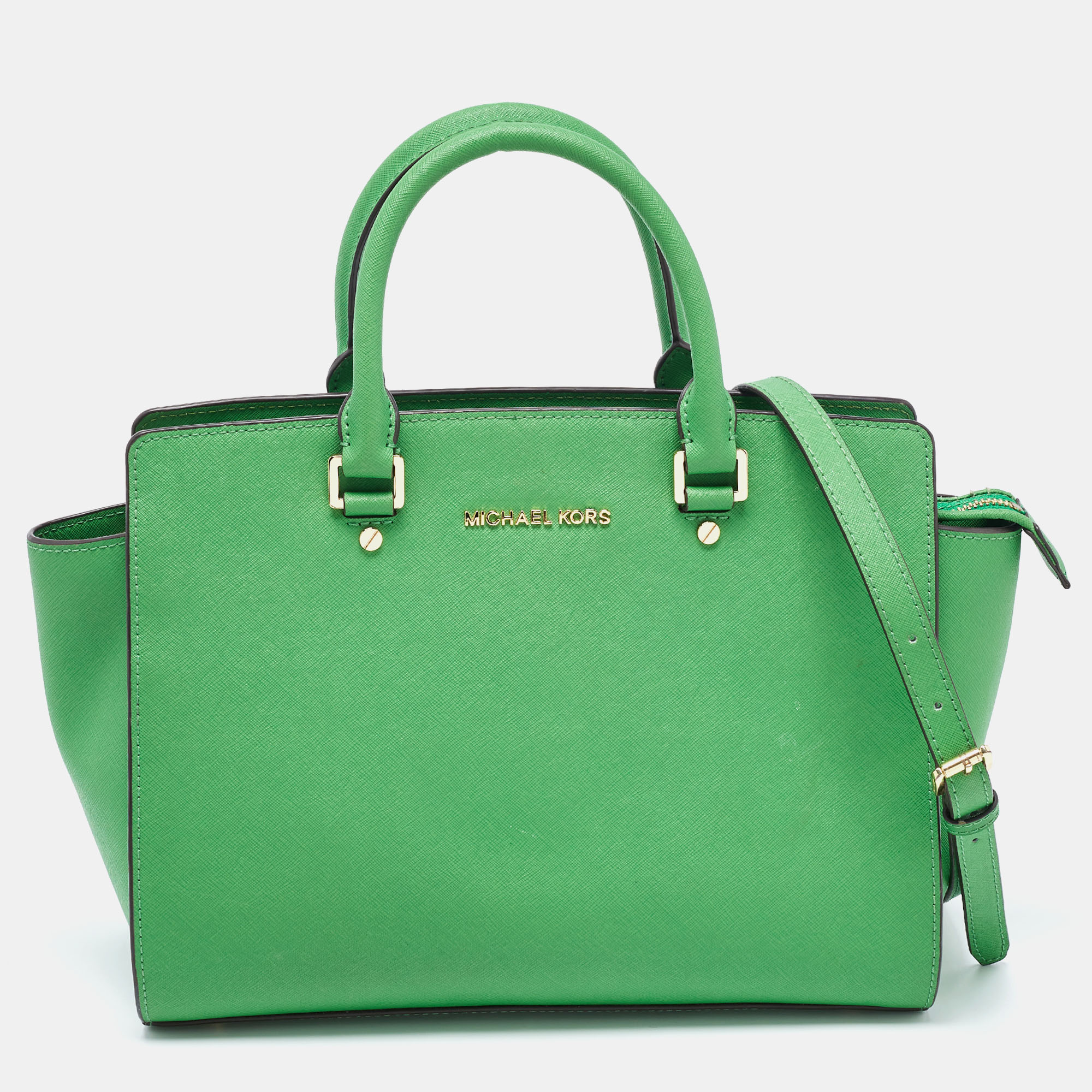 Pre-owned Michael Kors Green Saffiano Lux Leather Large Selma Tote