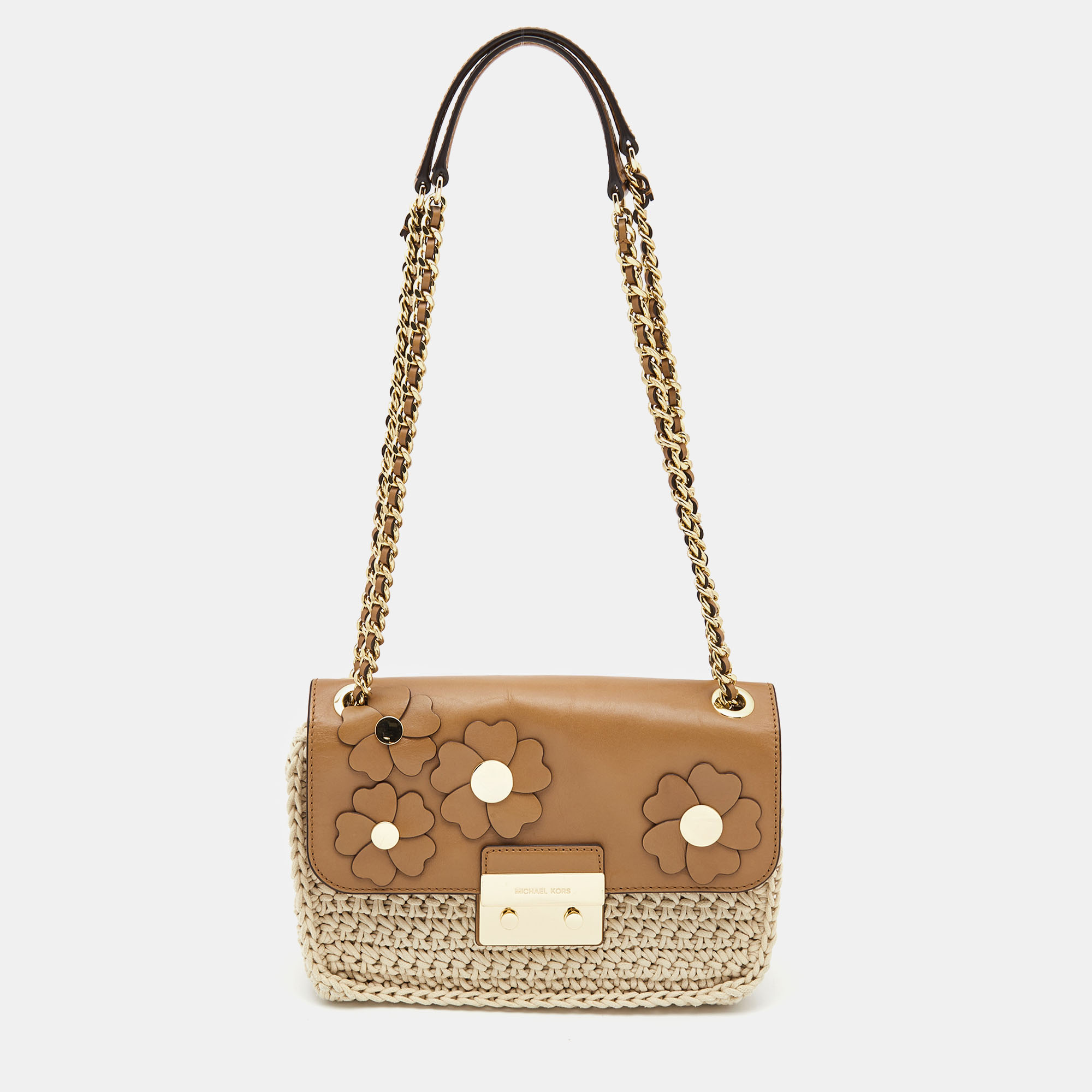 Pre-owned Michael Kors Brown/beige Leather And Crochet Floral Applique Sloan Shoulder Bag