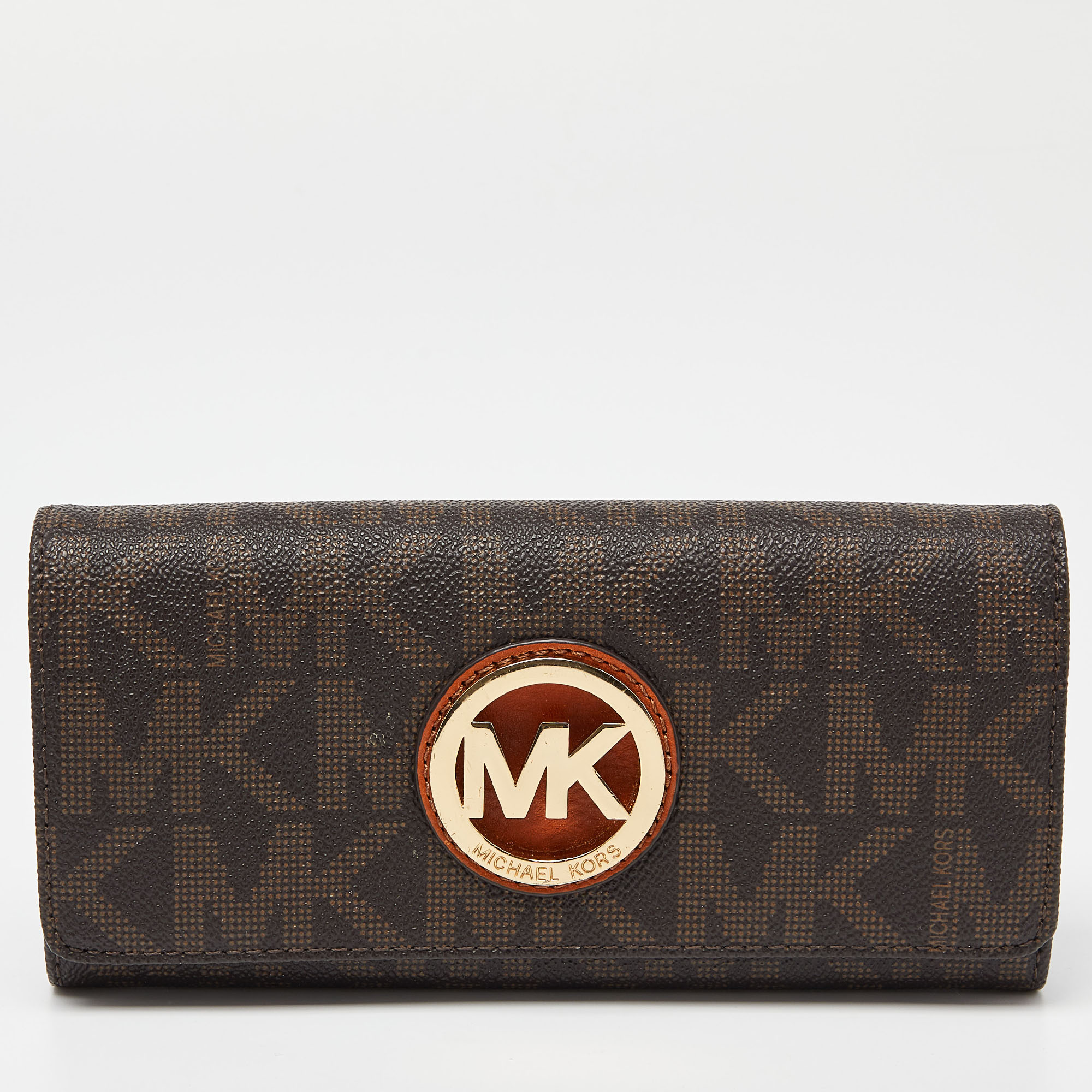 Pre-owned Michael Kors Beige/brown Signature Coated Canvas Fulton Flap Continental Wallet