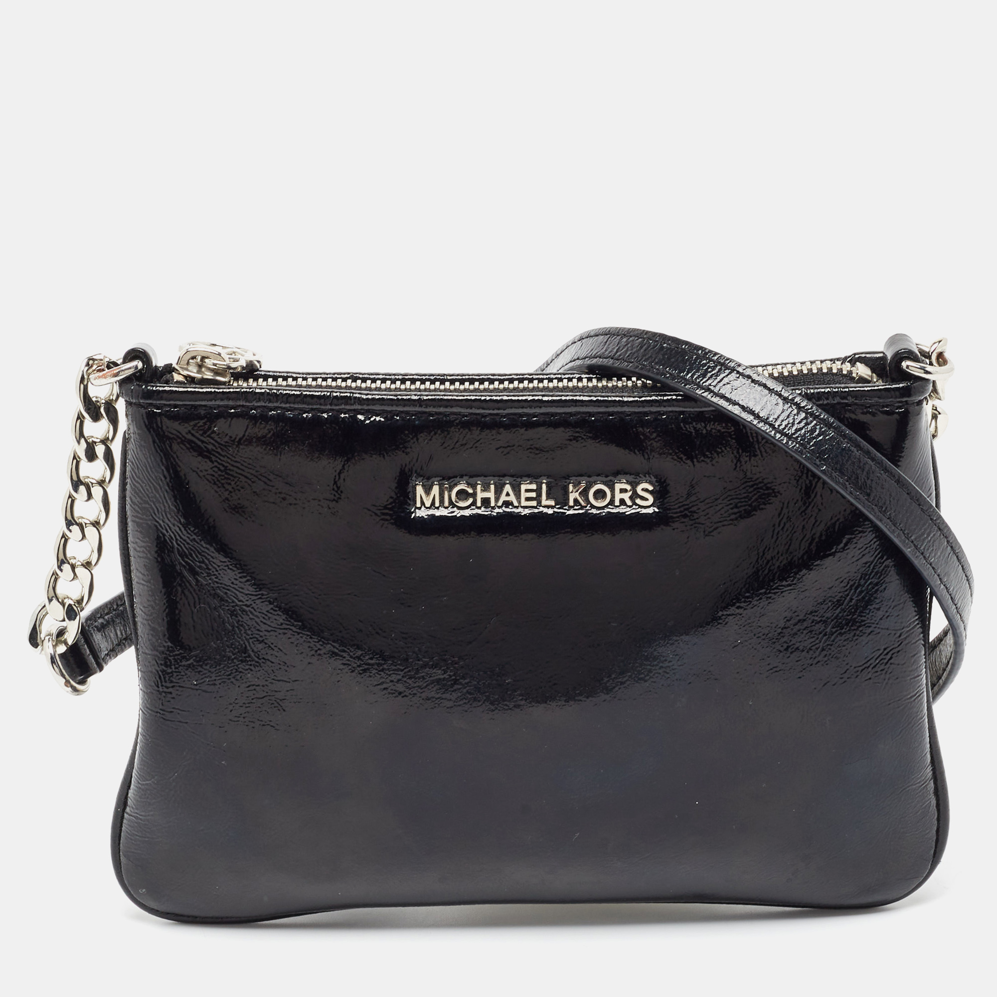 Pre-owned Michael Kors Black Patent Leather Zip Crossbody Bag