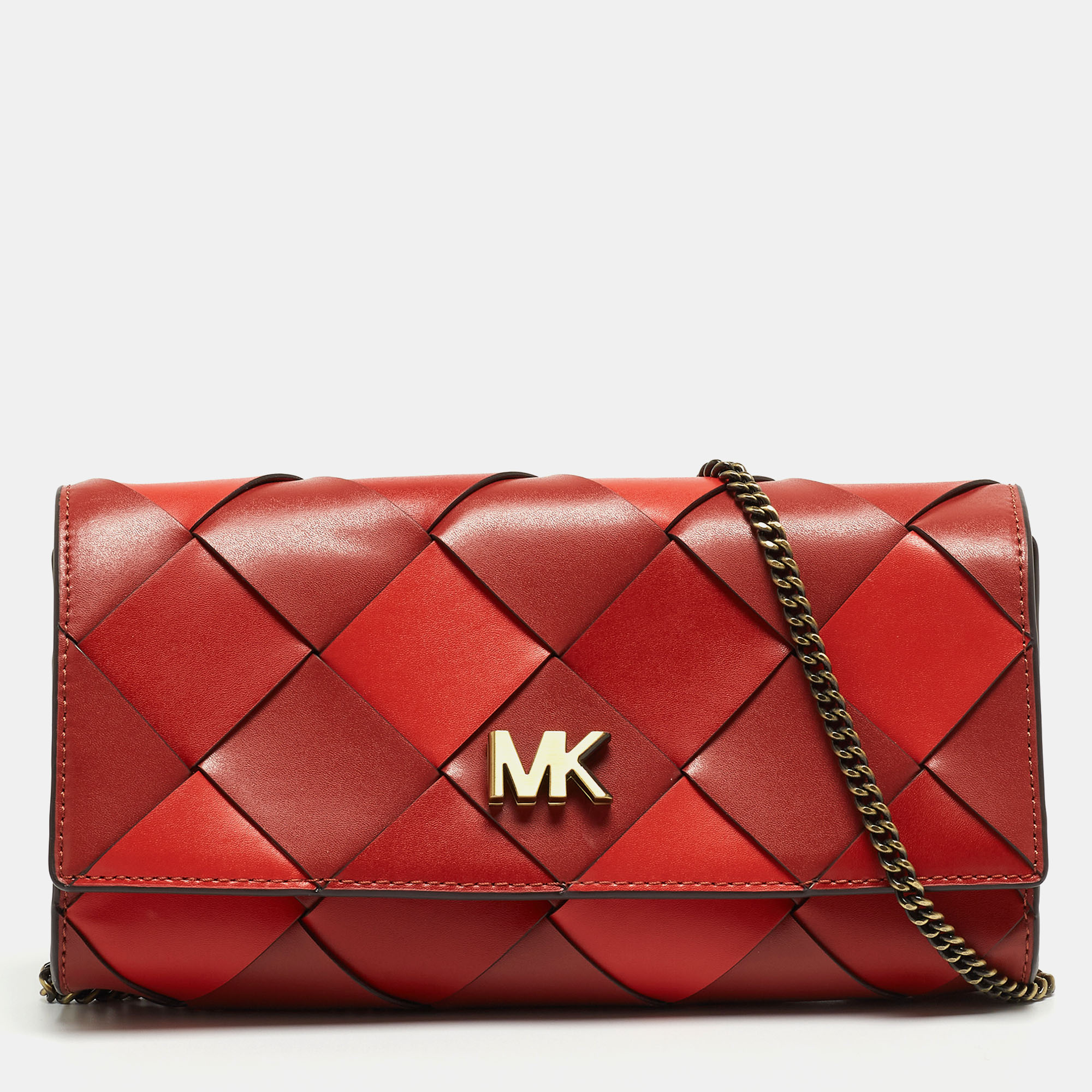 Pre-owned Michael Kors Brick Red/orange Woven Leather Mott Chain Shoulder Bag