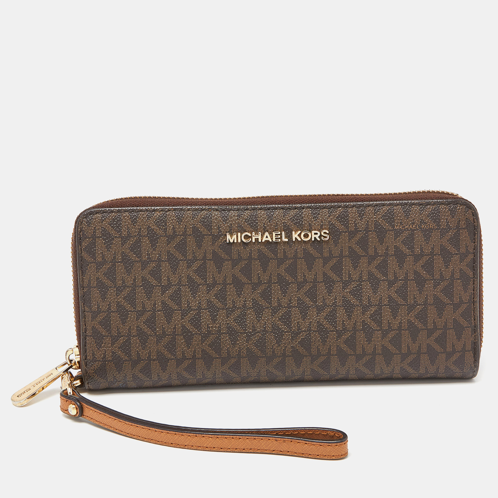 Pre-owned Michael Kors Brown Signature Coated Canvas Zip Around Continental Wallet