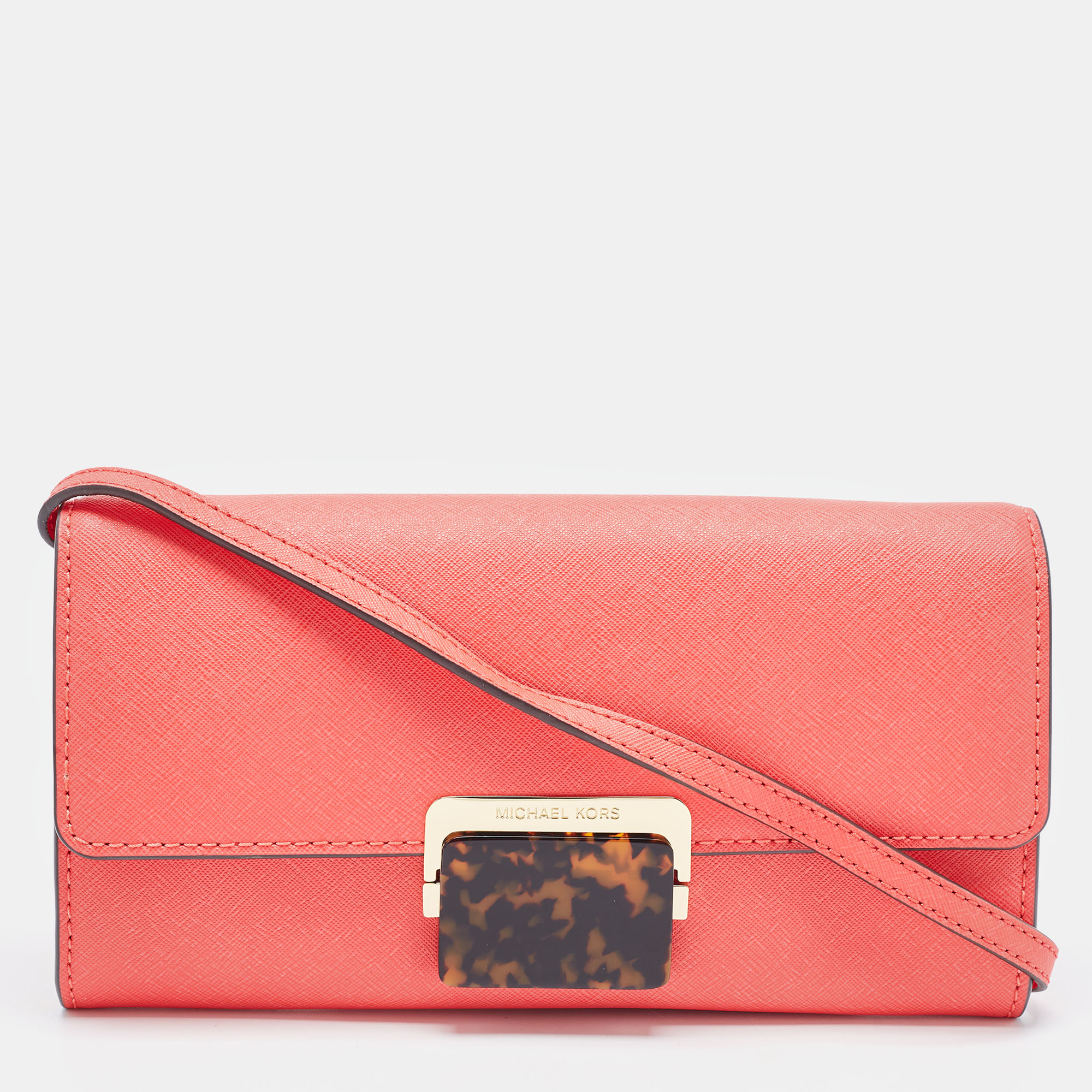 Pre-owned Michael Kors Coral Saffiano Leather Cynthia Clutch In Orange