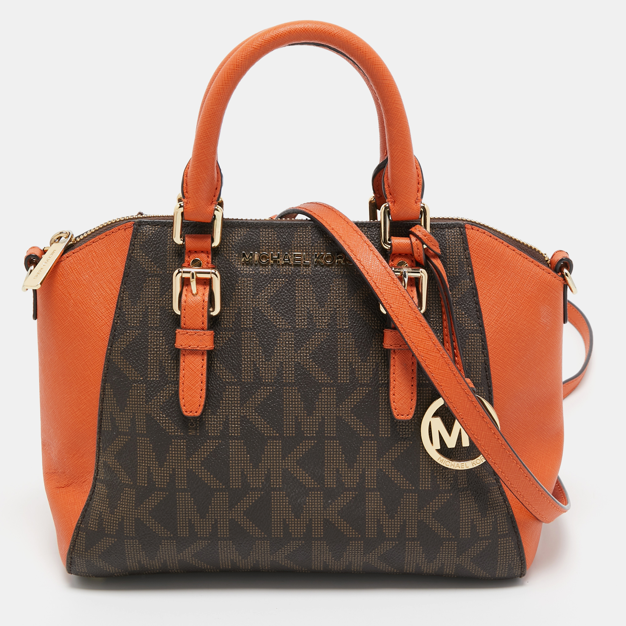 Pre-owned Michael Kors Orange/brown Signature Coated Canvas And Leather Medium Ciara Satchel