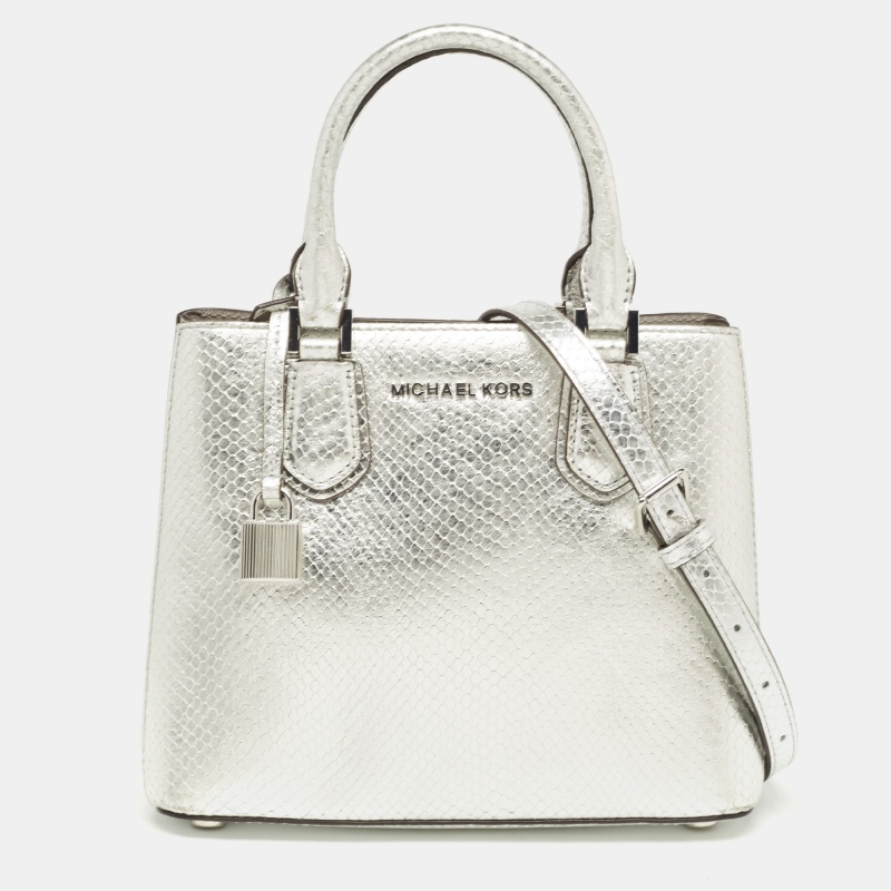 Pre-owned Michael Kors Silver Python Embossed Leather Medium Adele Tote