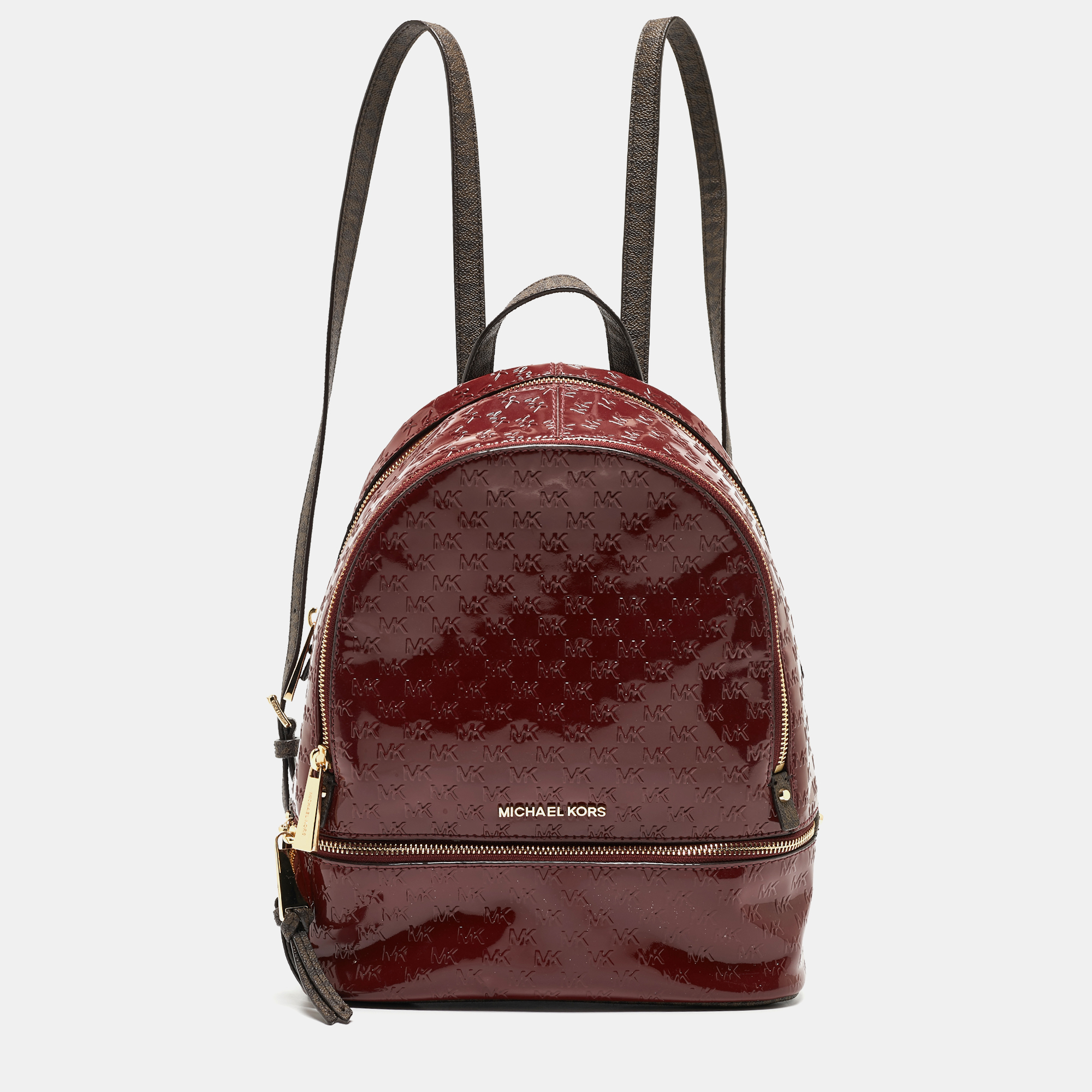 Pre-owned Michael Kors Signature Embossed Patent Leather And Coated Canvas Rhea Backpack In Burgundy