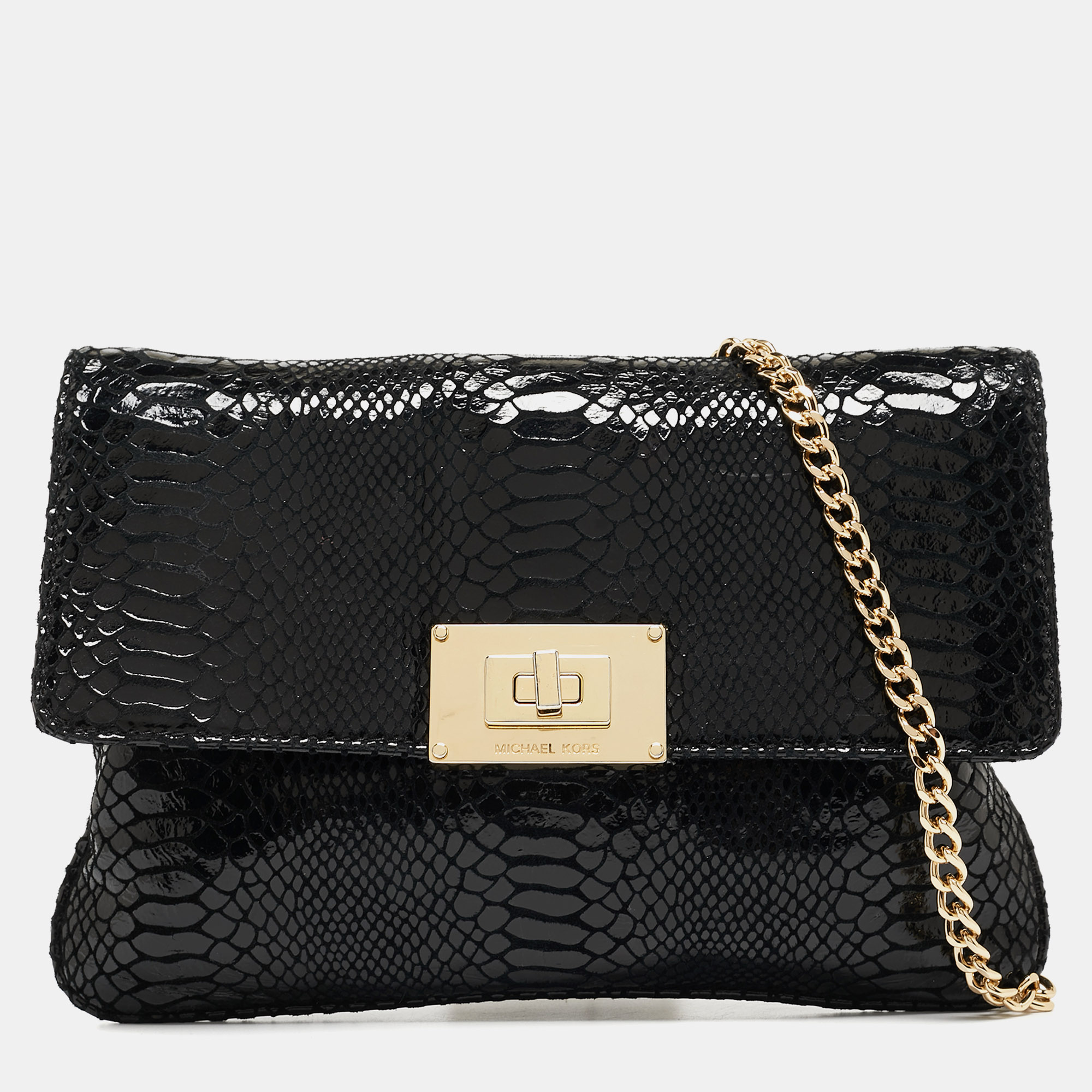 

Michael Kors Black Python Embossed Leather Trunlock Slim Chain Bag