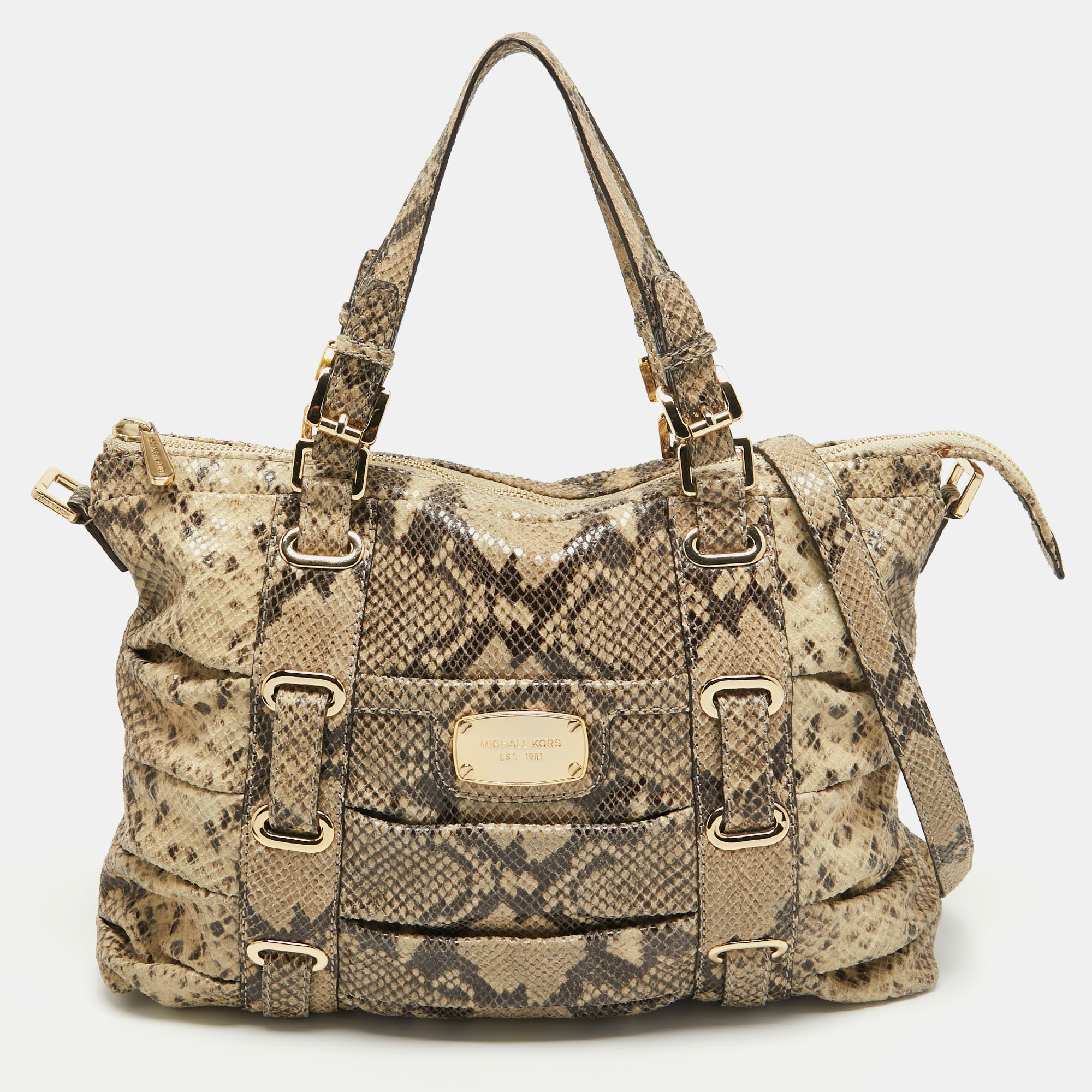 Pre-owned Michael Kors Black/cream Python Embossed Leather Large Rouched Gansevoort Tote