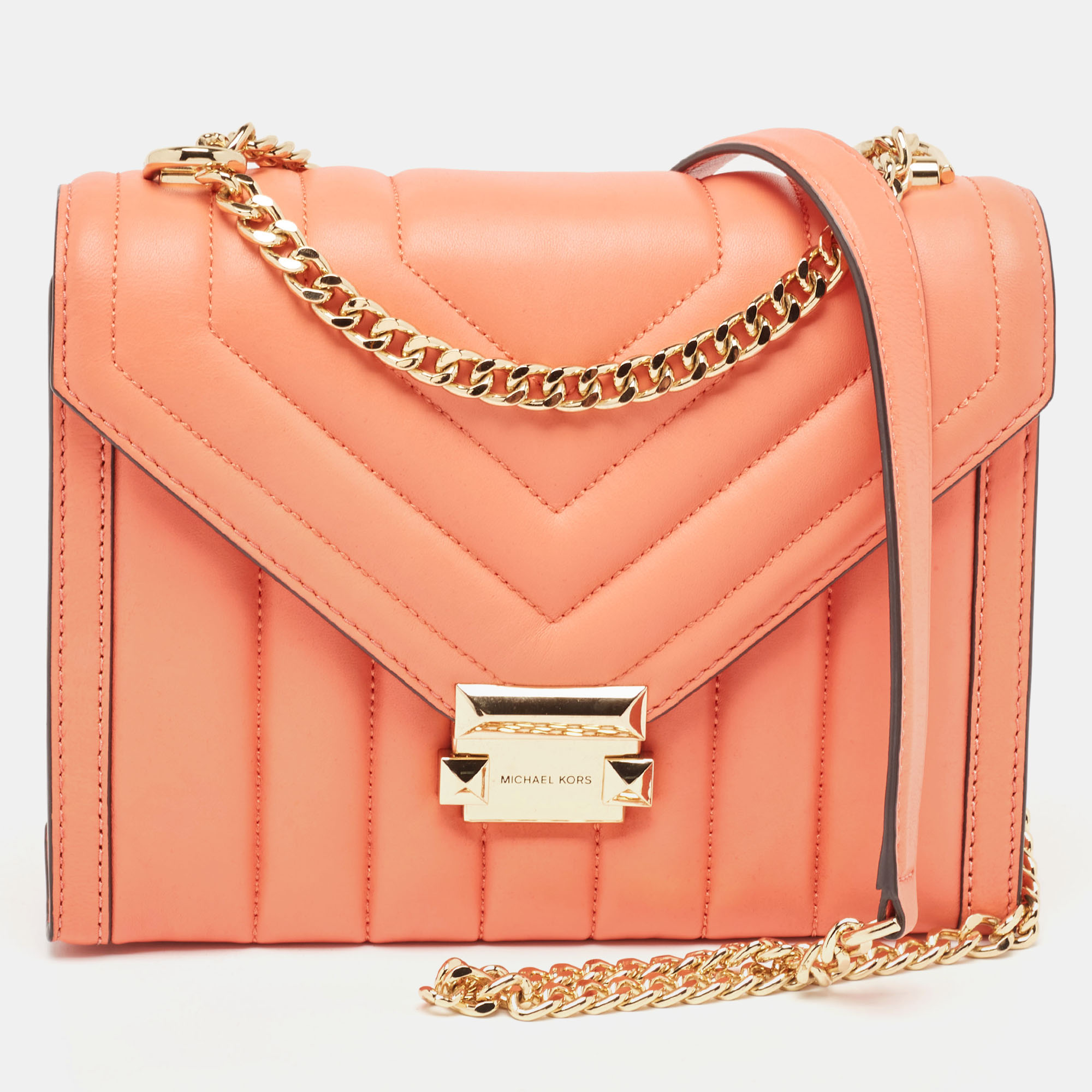 Pre-owned Michael Kors Peach Quilted Leather Large Whitney Shoulder Bag In Orange