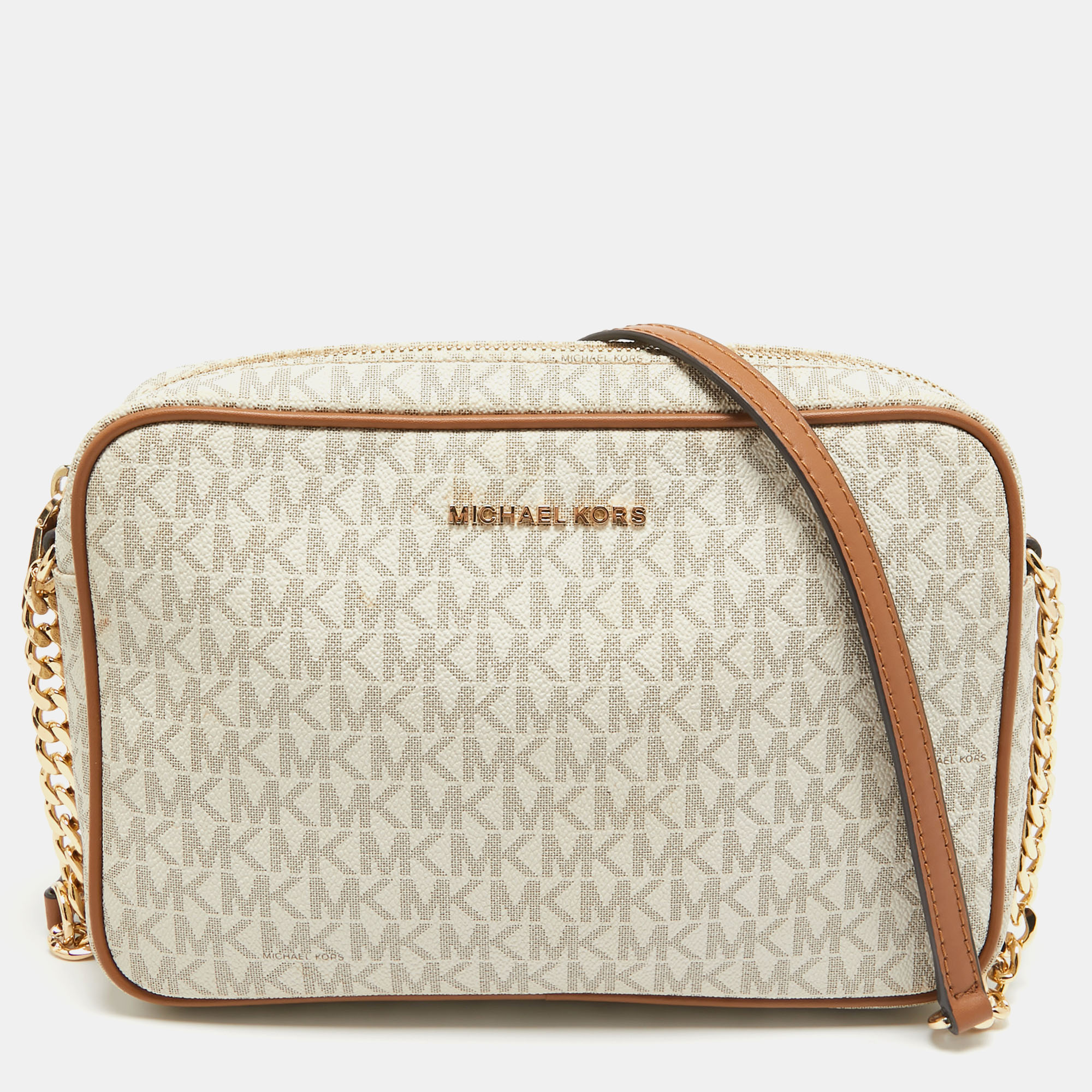 Pre-owned Michael Kors White/brown Signature Coated Canvas And Leather East West Crossbody Bag