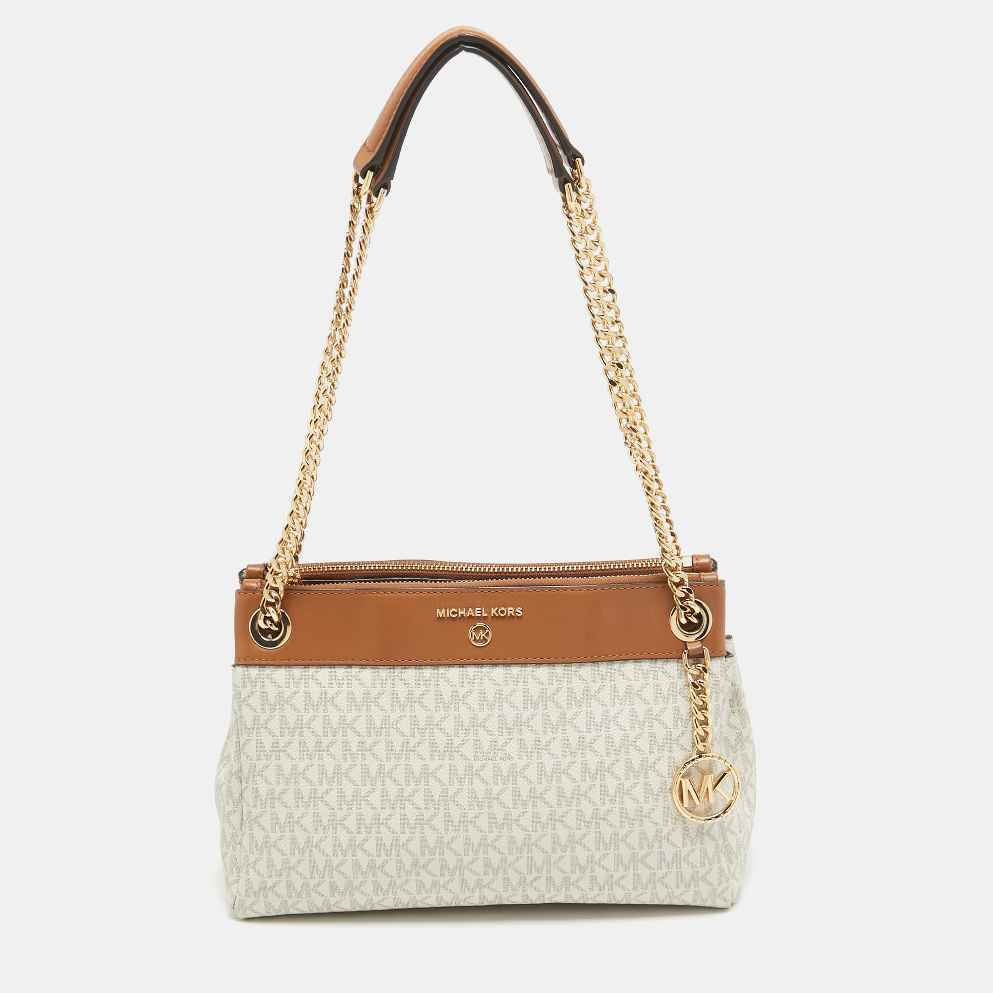 

Michael Kors White/Brown Signature Coated Canvas and Leather Small Susan Tote