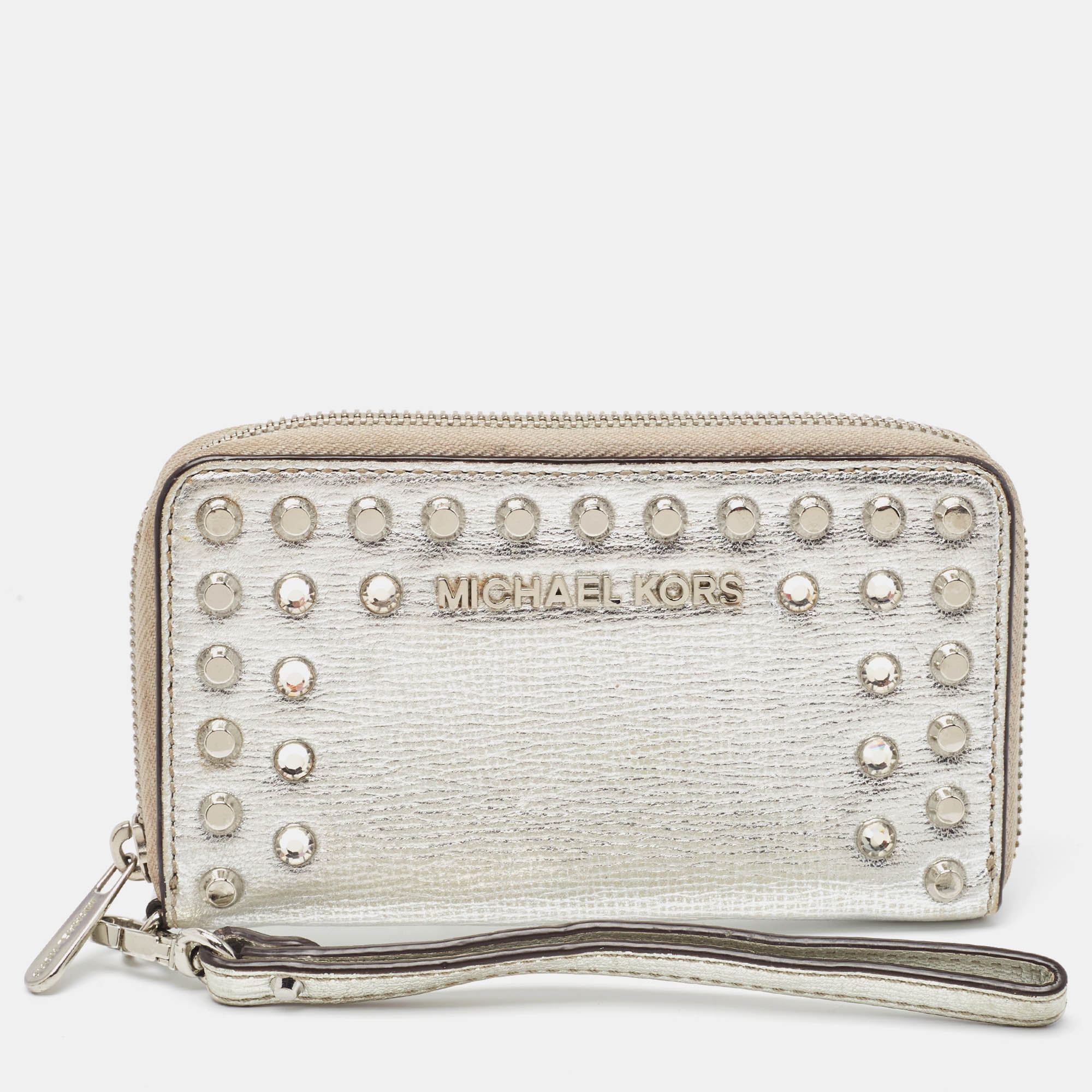Pre-owned Michael Kors Silver Crystal Studded Zip Around Wristlet Wallet