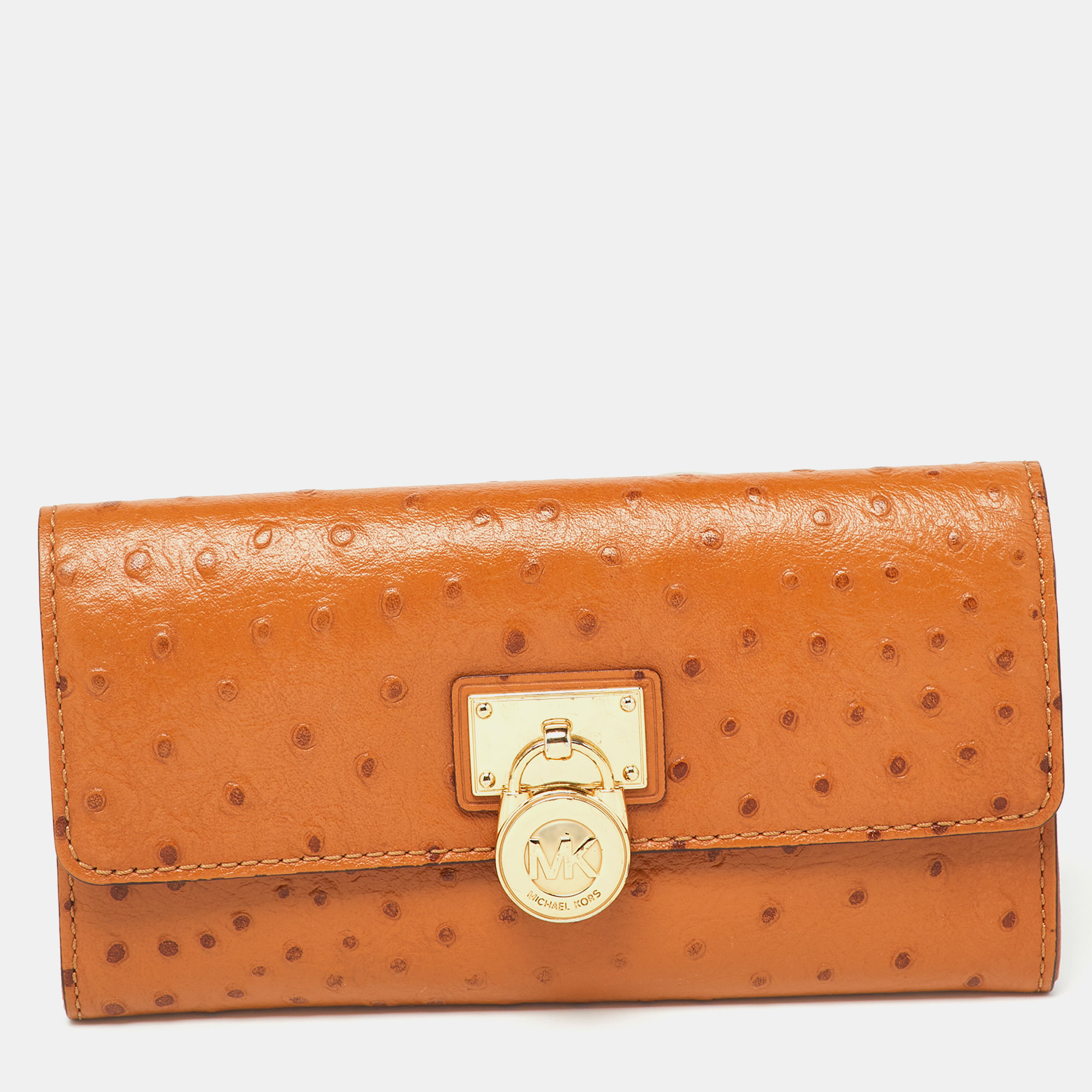

Michael Kors Tan Ostrich Embossed Leather Flap Continental Wallet