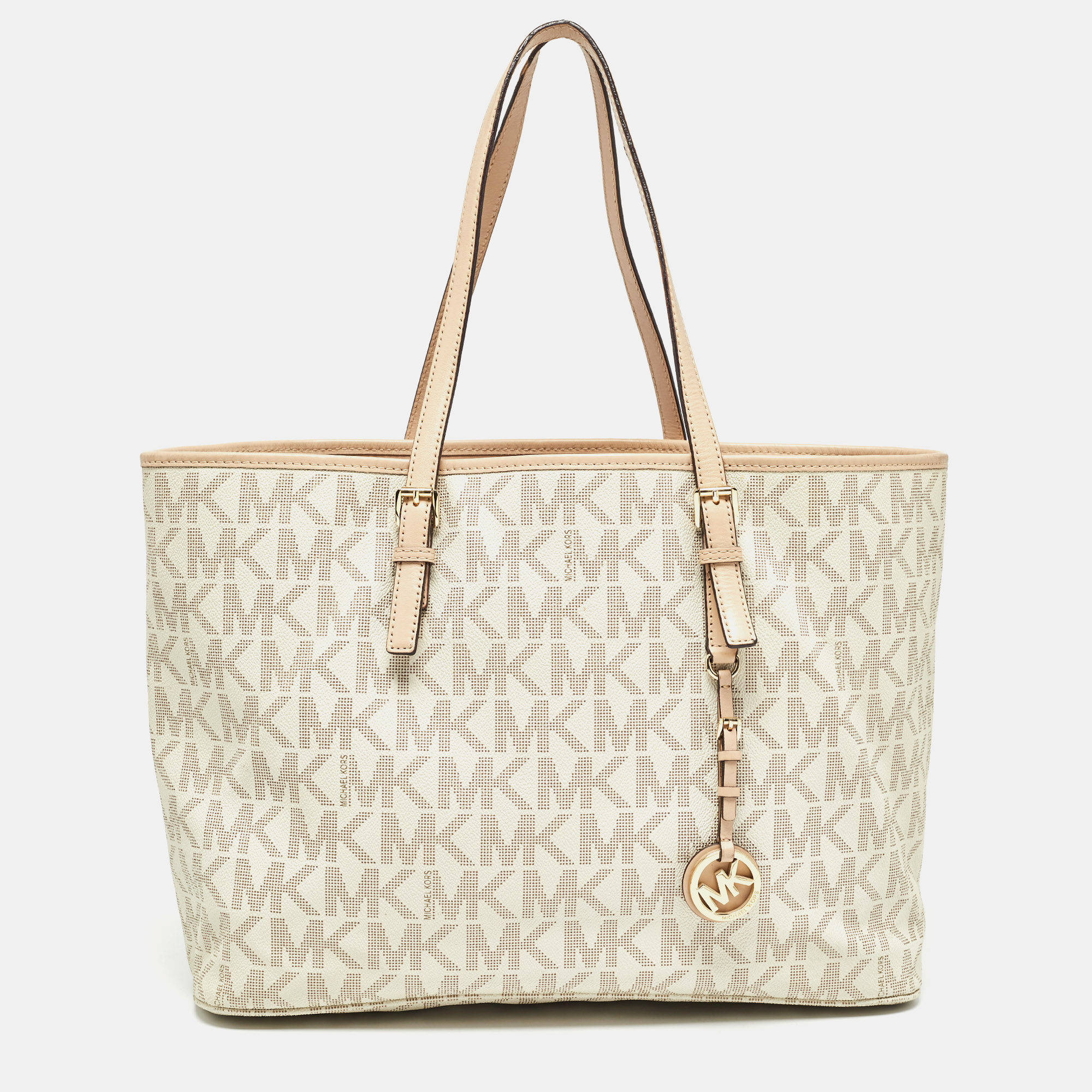 

Michael Kors Beige/White Signature Coated Canvas and Leather Jet Set Tote